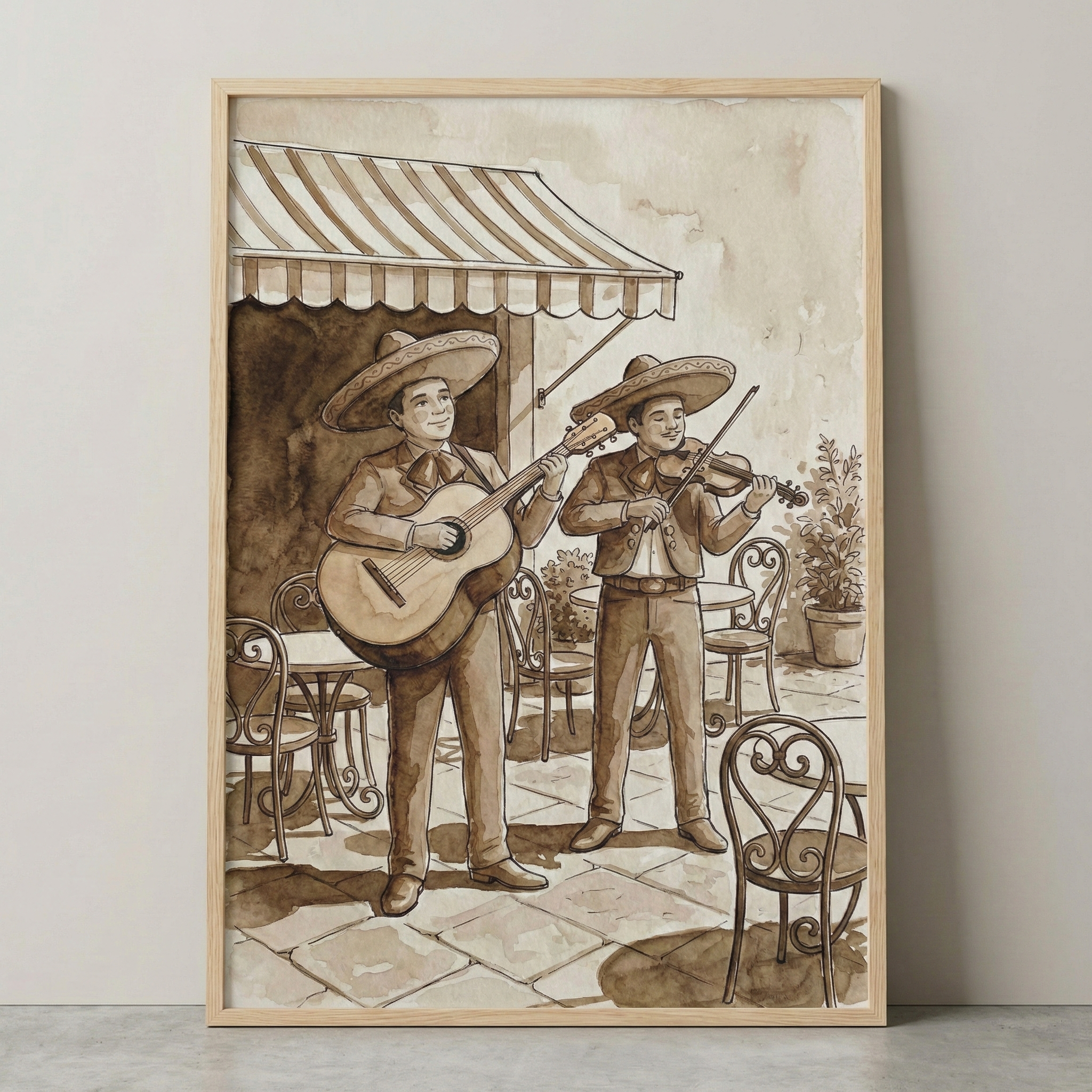 A framed sepia-toned illustration of two musicians in traditional Mexican attire performing at an outdoor cafe. The man on the left plays an acoustic guitar, while the man on the right plays a violin. They both wear large, wide-brimmed hats and decorative suits. The scene includes several small tables, metal chairs, and a striped awning above them. The artwork is rendered in brown and tan washes and is shown in a light wood frame leaning against a neutral-colored wall.
