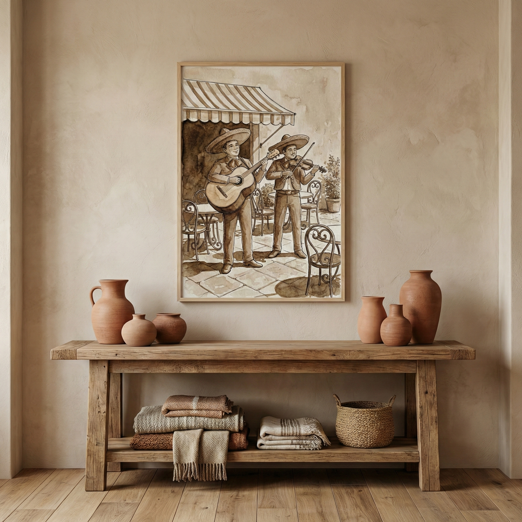 A framed sepia illustration on a textured wall shows two musicians in traditional attire and sombreros playing instruments outdoors. Below, a rustic two-tiered wooden table sits on a light wood floor. The tabletop features several clay vases in earthy tones. On the bottom shelf are folded blankets in neutral tones and a small woven basket. The entire room is decorated in a warm, minimalist, and rustic aesthetic with a neutral color palette.