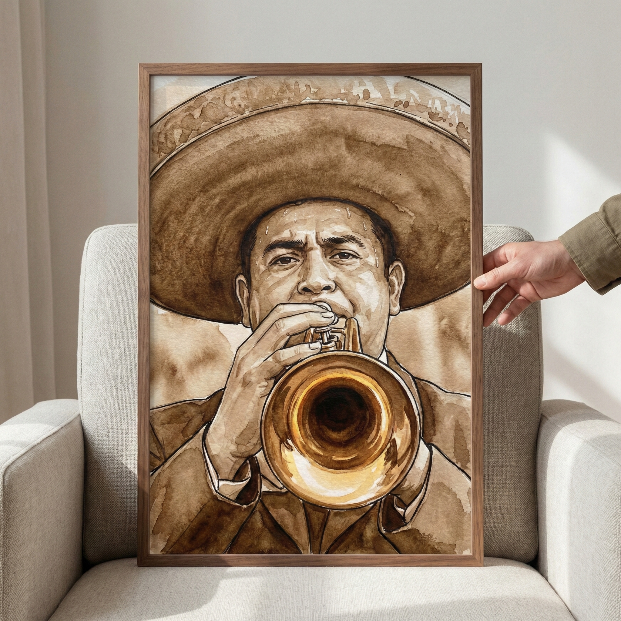 A framed sepia-toned illustration depicting a man in a wide-brimmed hat and a suit playing a trumpet. The man's face is rendered with detailed shading, showing focused concentration. The artwork, created with varied shades of brown, is held in a simple wooden frame. A hand is visible on the right side, supporting the frame against a gray fabric armchair. The composition is warm and evokes a classic musical atmosphere.