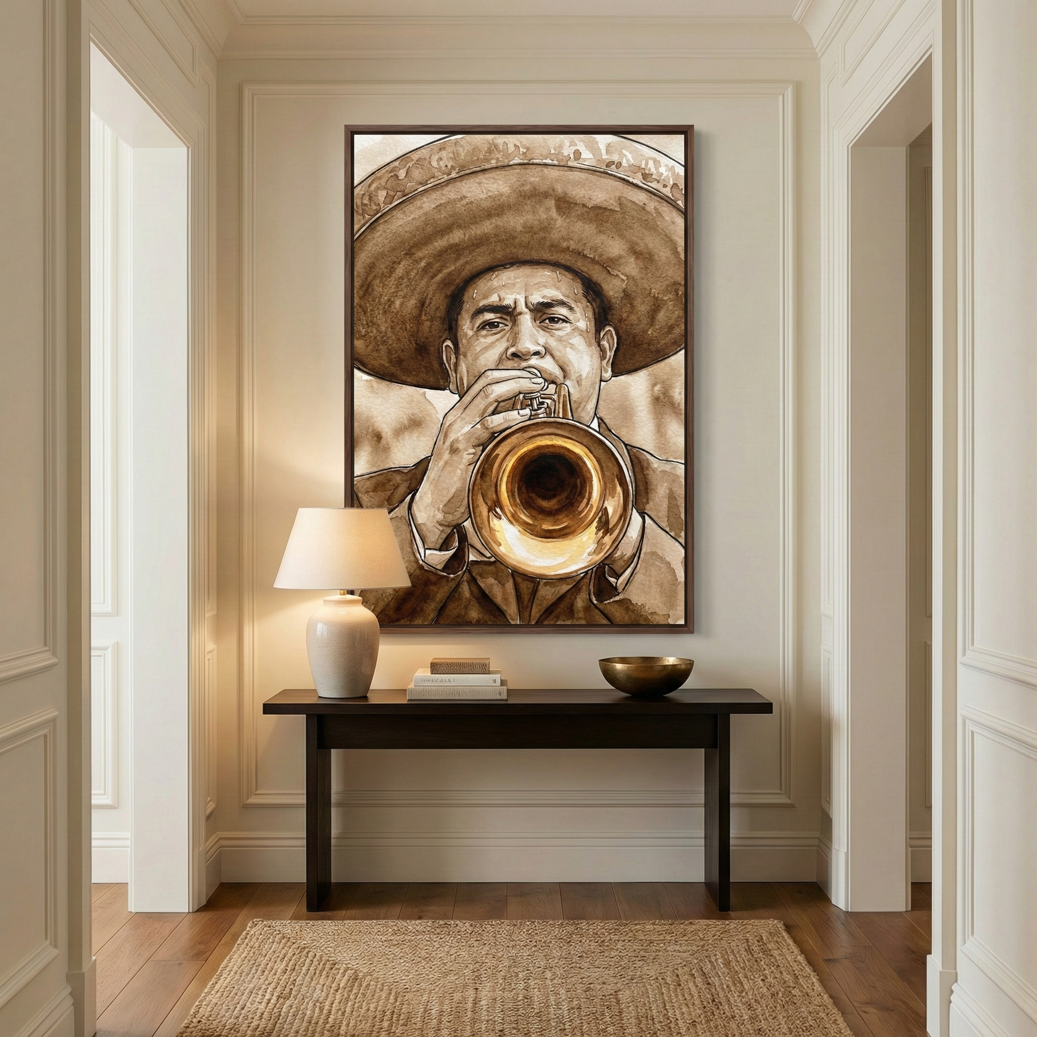 A large framed piece of art serves as the focal point at the end of a bright hallway. The artwork itself is a sepia-toned illustration featuring a man wearing a wide-brimmed traditional hat, intensely playing a brass trumpet. The piece has an ink-wash style with rich brown tones and detailed shading. It is set in a simple, dark frame.

