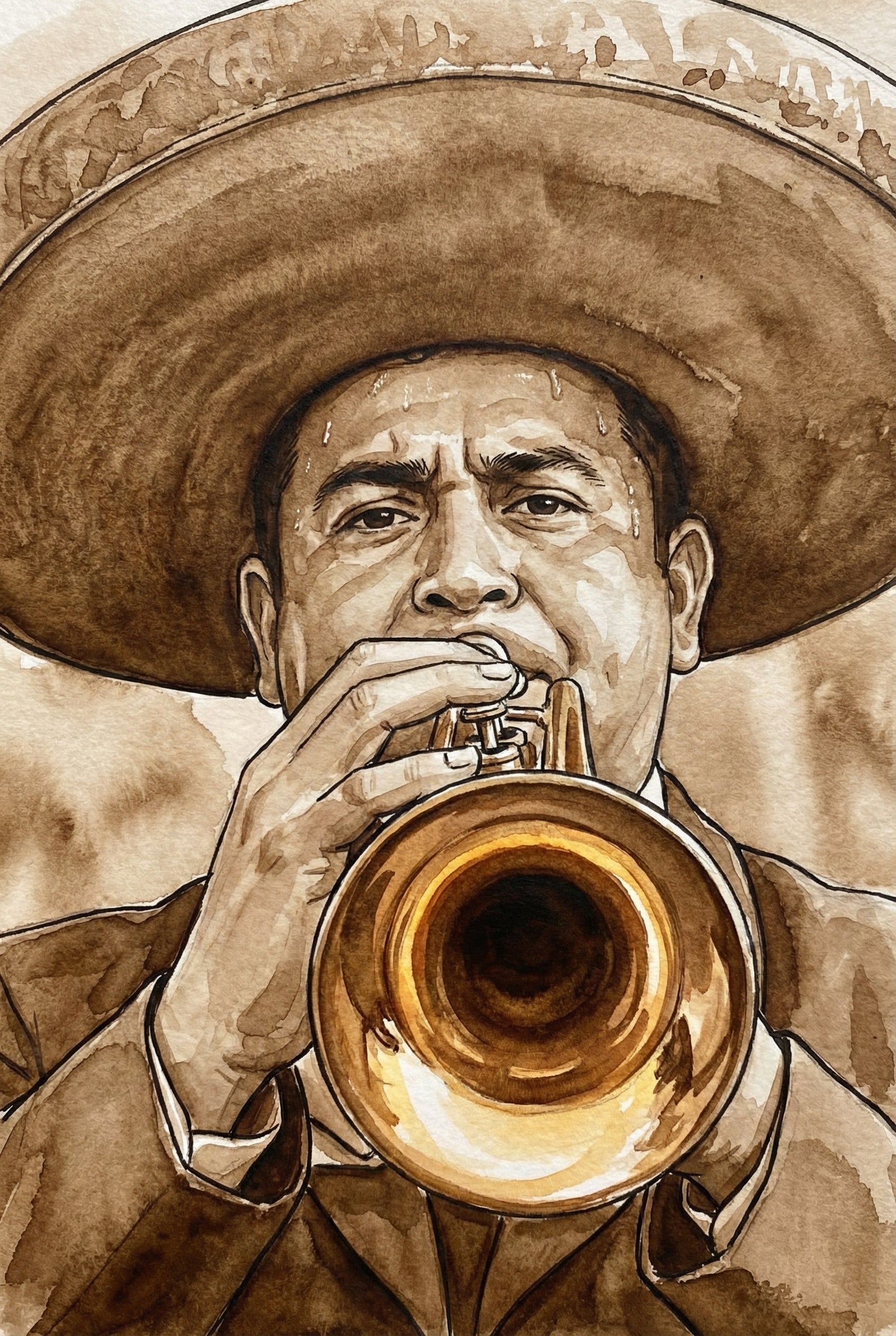 Detailed sepia painting of a mariachi musician sweating as he blows into a golden trumpet, with intense focus and a wide sombrero framing his face.
