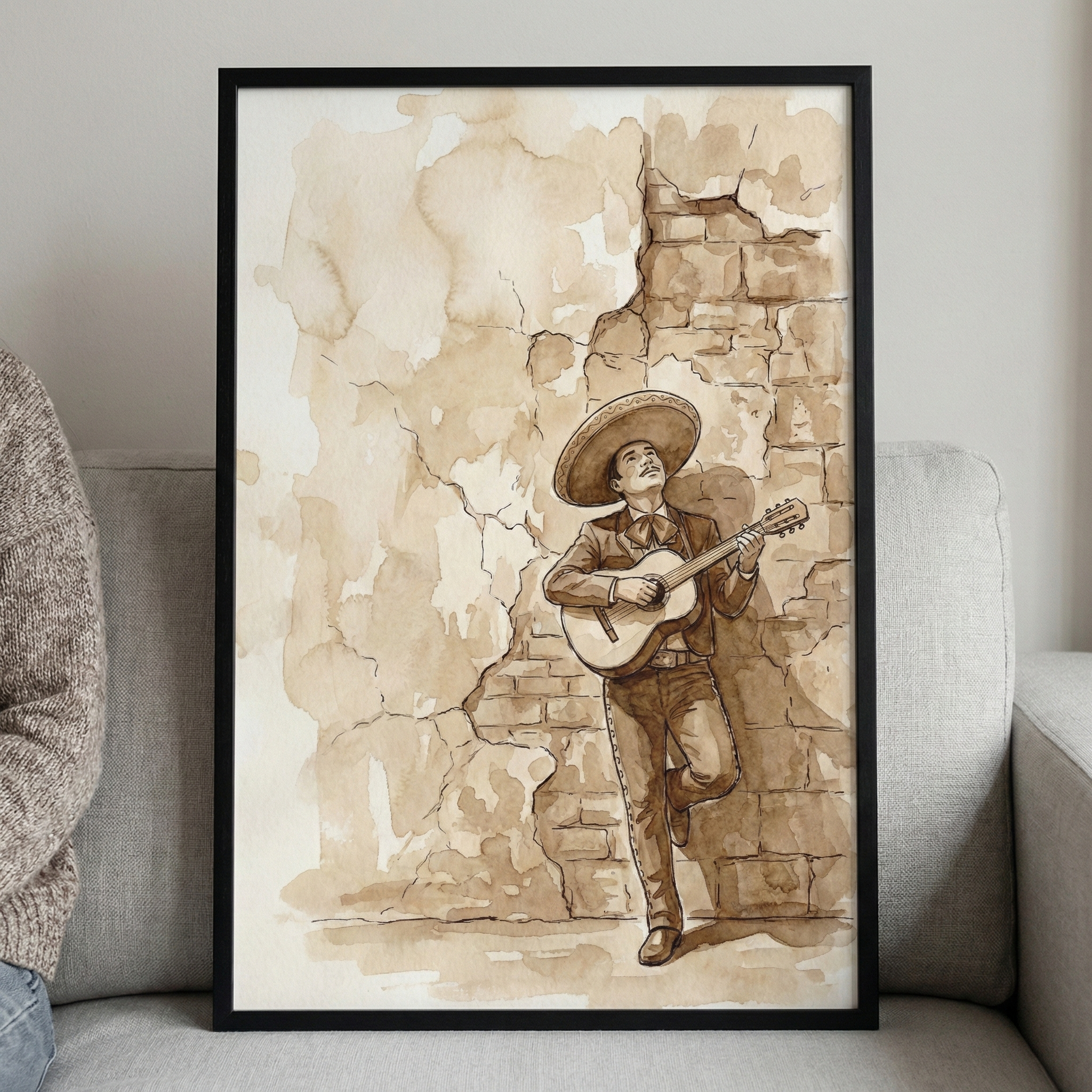 A sepia-toned art print in a thin black frame is shown resting against a light gray fabric couch. The illustration features a man in traditional Mexican attire, including a large wide-brimmed hat and a decorated suit, leaning against a crumbling brick and plaster wall. He is depicted playing an acoustic guitar with a focused expression. The artistic style uses washes of brown tones and delicate line work to create a vintage, weathered appearance. 