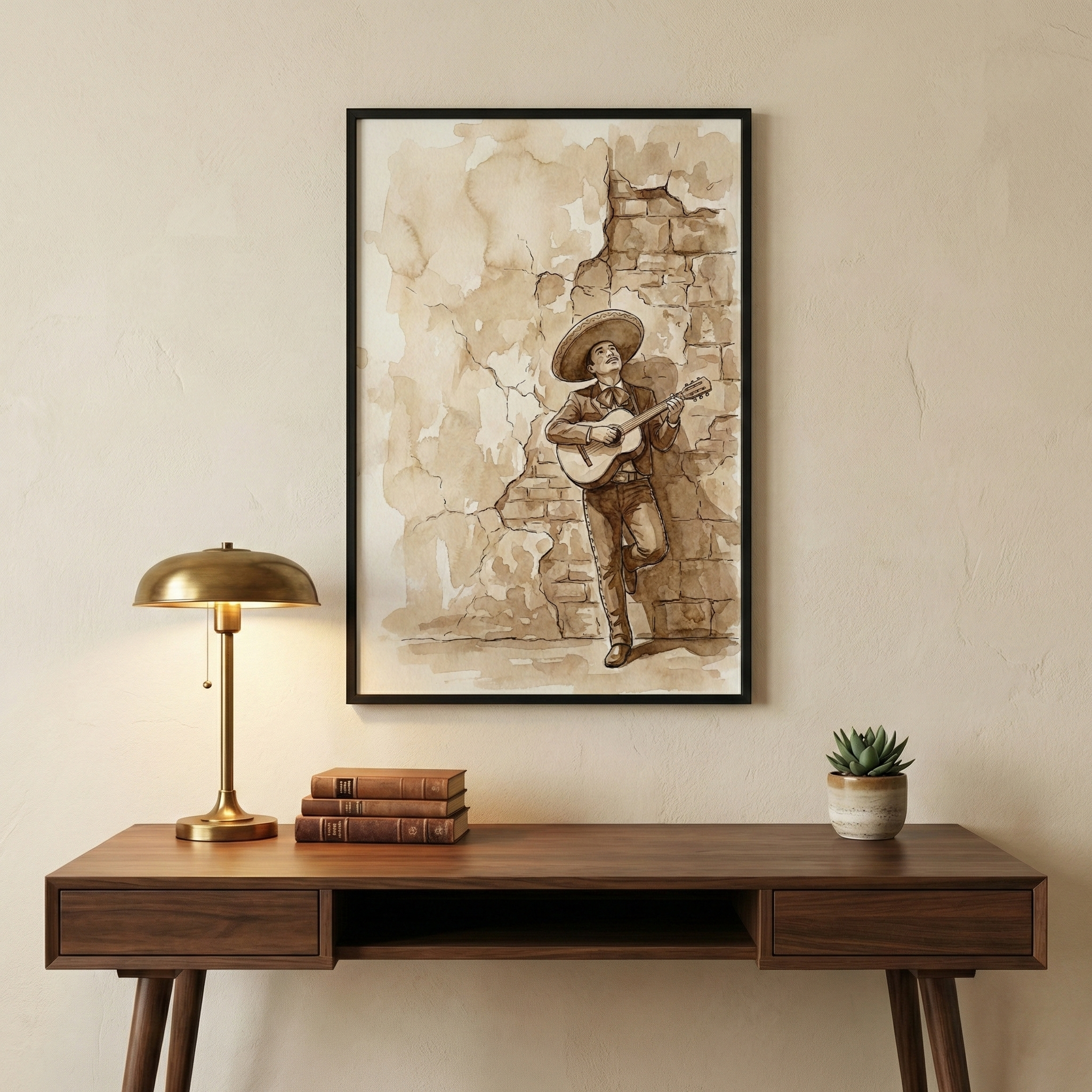 A minimalist interior features a vertical black-framed sepia-toned watercolor artwork on a beige wall. The artwork depicts a musician in traditional attire with a wide-brimmed hat playing a guitar against a weathered stone wall. Beneath it is a mid-century modern wooden desk with two drawers and tapered legs. On the desk sits a brass lamp with a dome shade, a stack of three books, and a small succulent in a white pot. The scene is illuminated by soft, warm light.