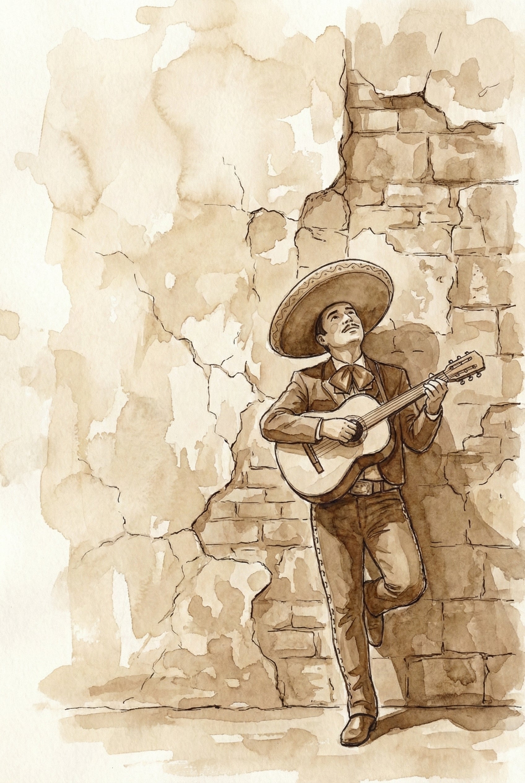 Watercolor-style painting of a mariachi musician in full traditional attire, playing guitar while leaning casually against a cracked, weathered wall.
