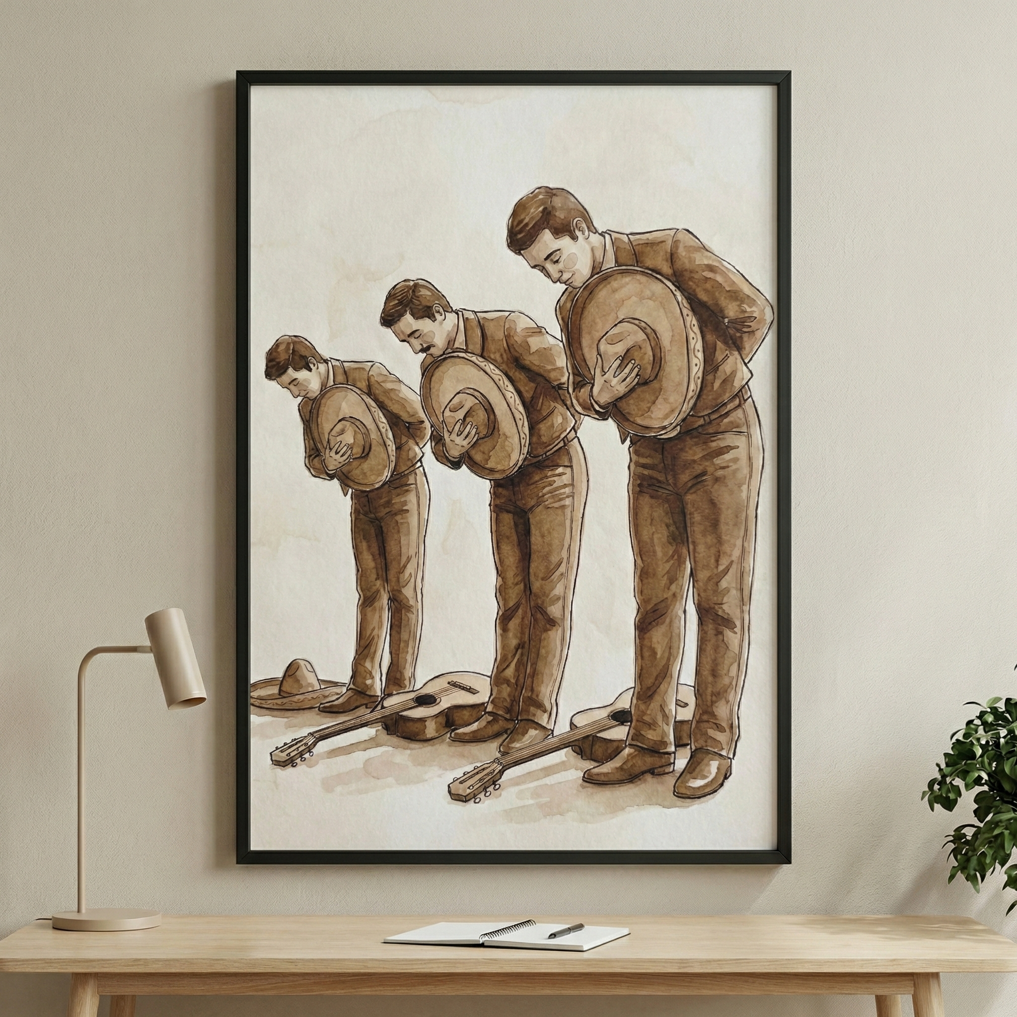 A framed monochromatic illustration in shades of sepia hangs on a light beige wall above a wooden desk. The artwork depicts three men in traditional Mexican charro suits, standing in a line and bowing their heads in a gesture of respect. Each man holds a large, wide-brimmed sombrero against his chest. On the floor before them lie two guitars, with another sombrero resting nearby. The style uses fluid, brown-toned washes to create depth and shadow. 