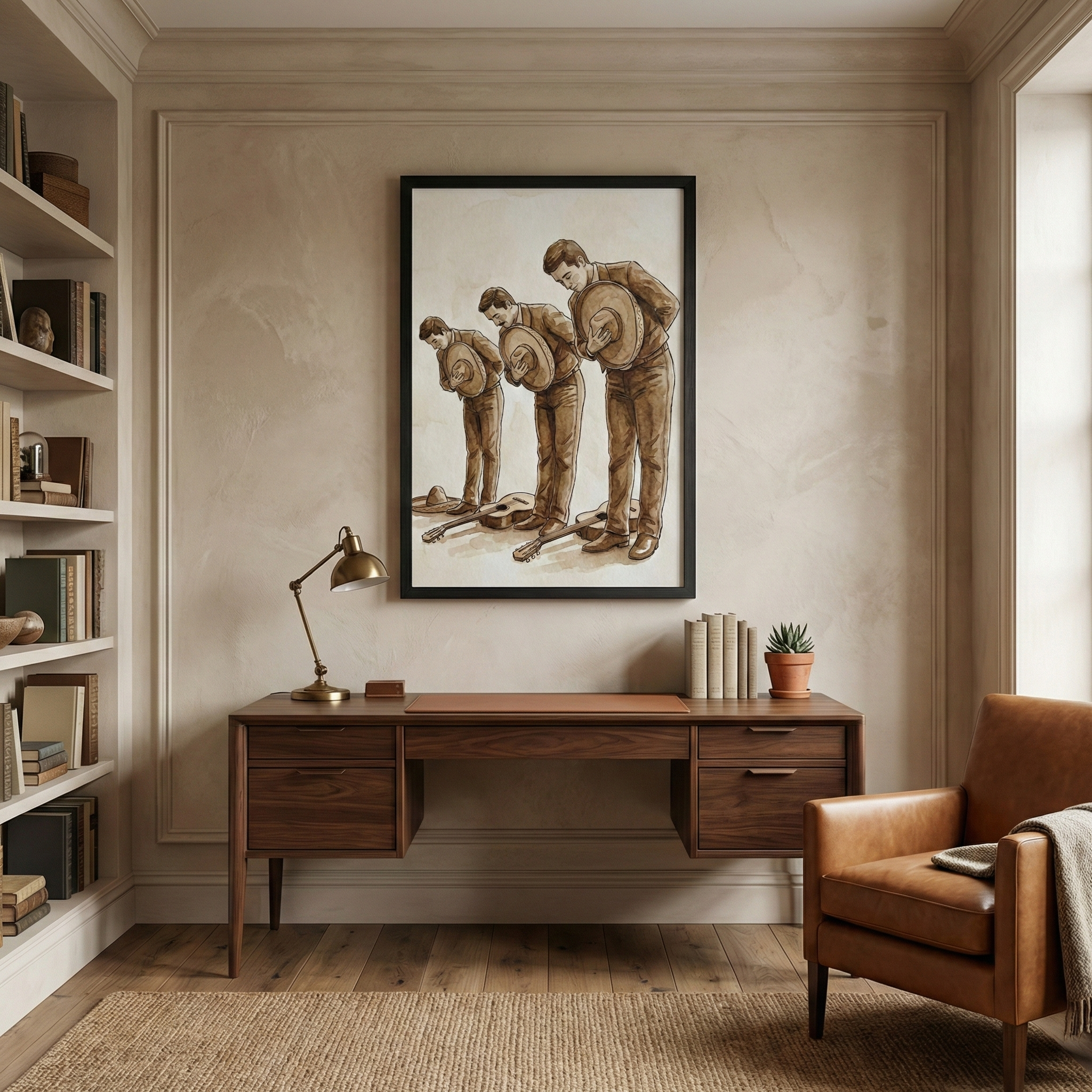 A sophisticated home office features a mid-century modern wooden desk centered against a beige wall with decorative molding. Above the desk hangs a large framed artwork showing three men in traditional attire bowing deeply with hats in hand and guitars at their feet. The room includes a built-in bookshelf filled with volumes on the left, a brass desk lamp, and a brown leather armchair to the right. A textured rug covers part of the hardwood floor under the desk.