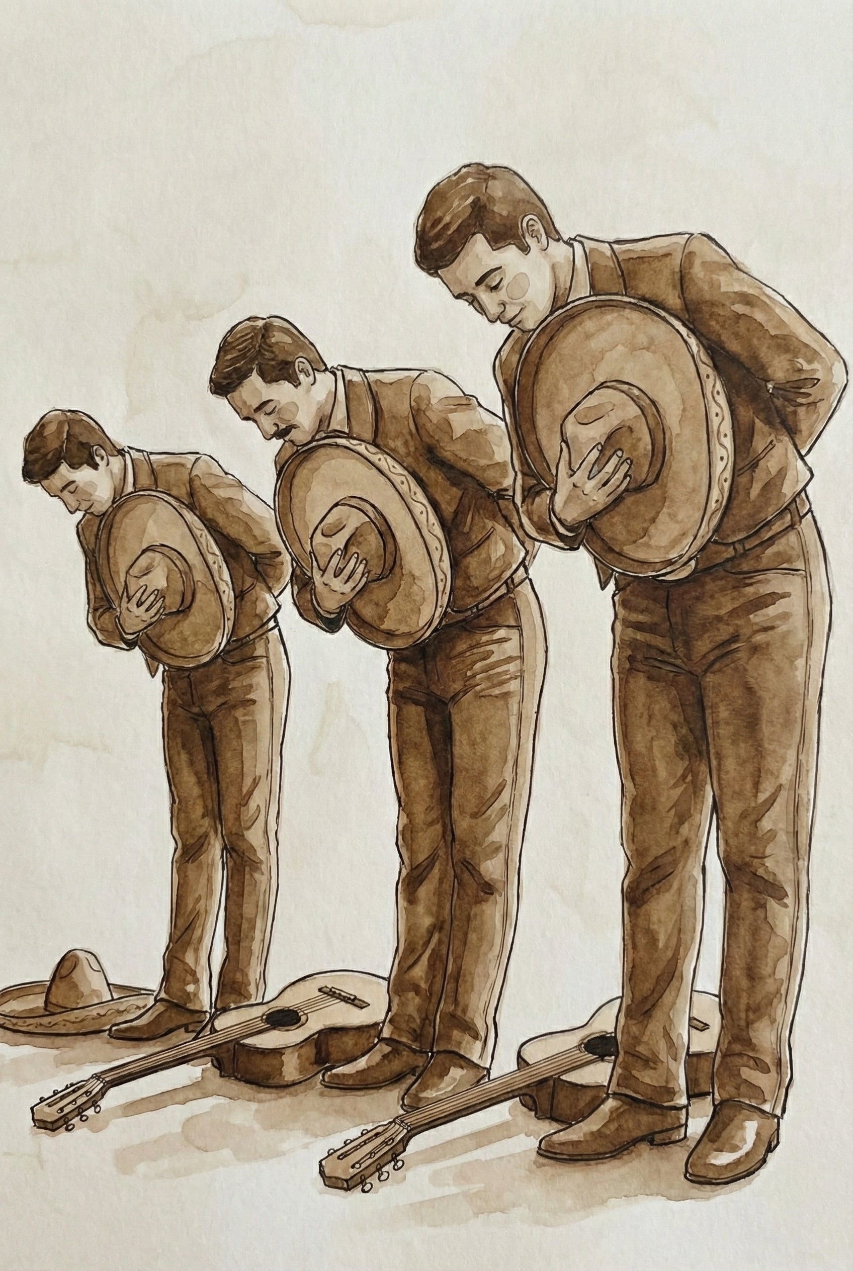 Illustration of three mariachi musicians bowing respectfully with sombreros held in front of them and guitars resting on the ground at their feet.

