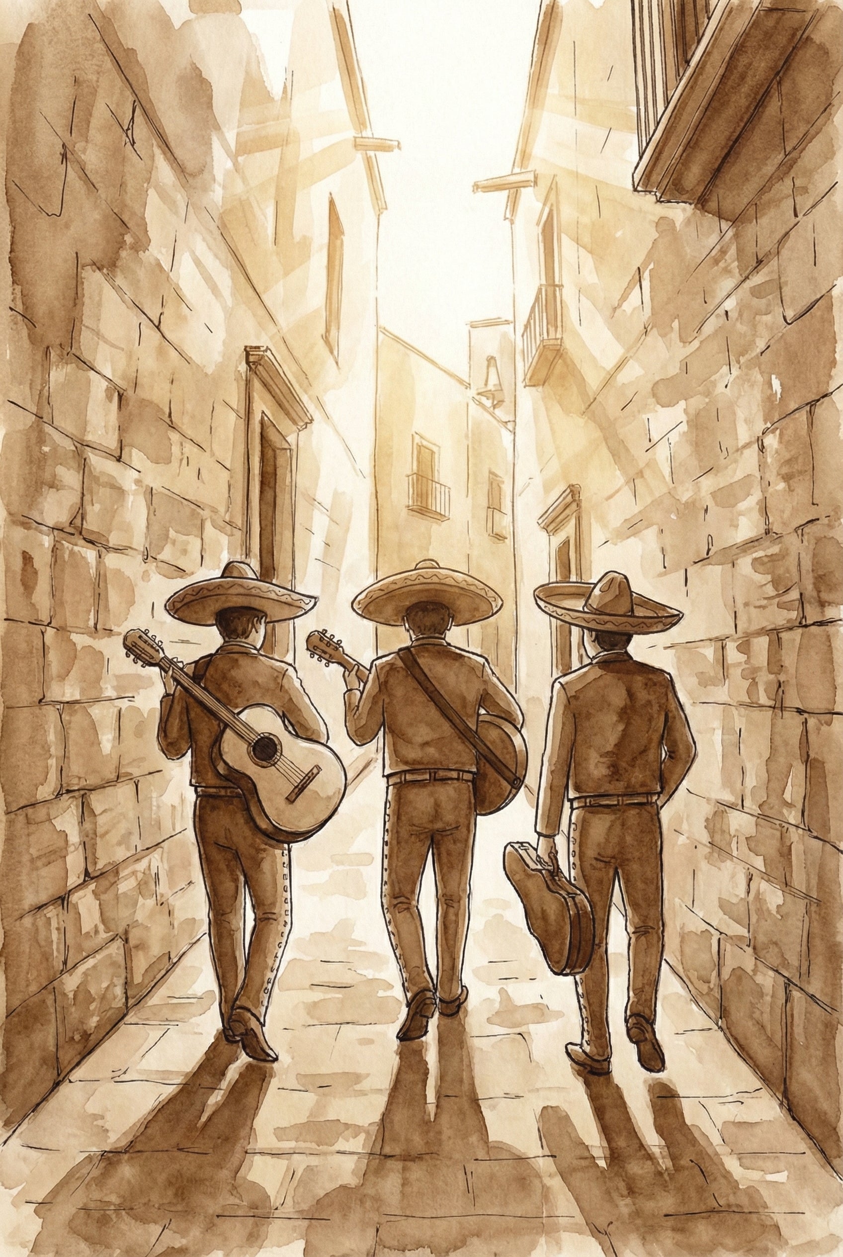 Sepia-tone watercolor of three mariachi musicians walking down a narrow stone alley, two holding guitars and one carrying a case, with warm sunlight streaming between buildings.

