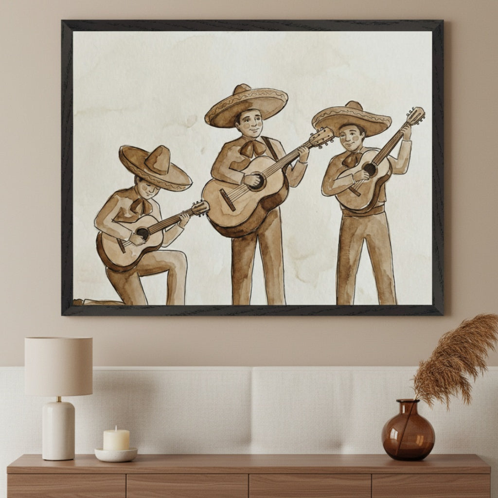Modern living room with a wooden dresser and cream upholstered panel. A large black-framed watercolor of three sepia-toned mariachi musicians playing guitars hangs centered above the panel.