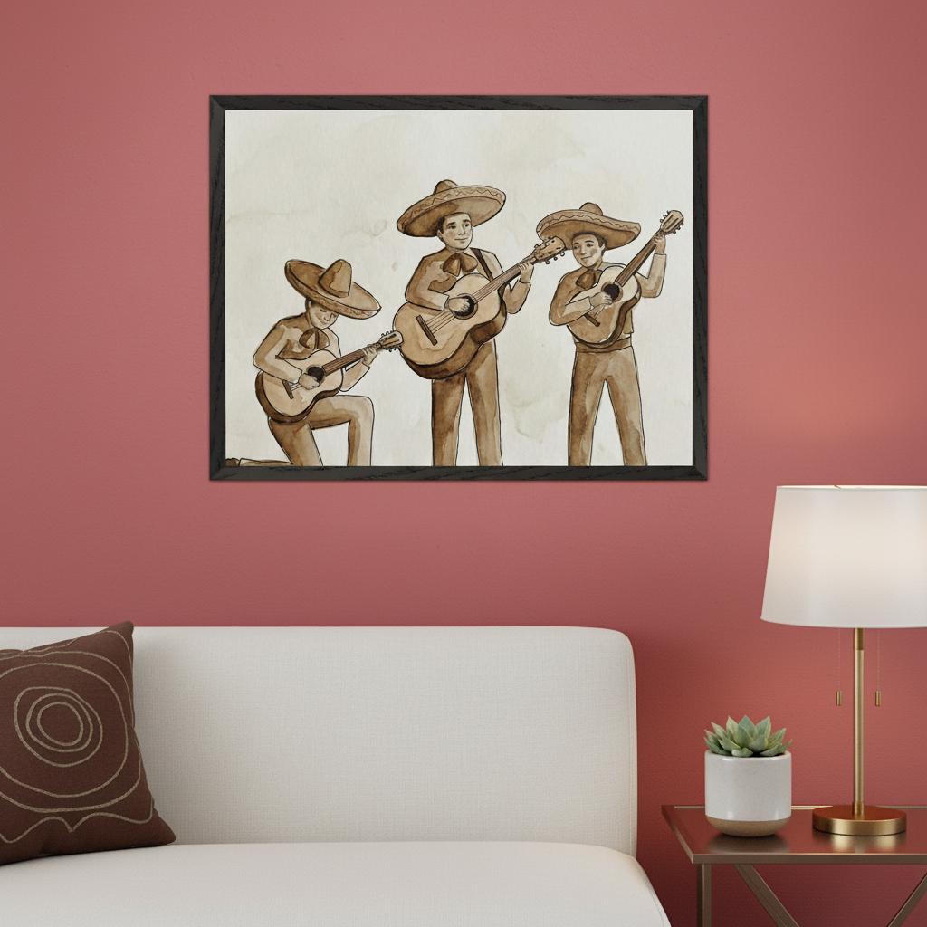 Living room with a white sofa and a side table against a terracotta wall. A framed print of three mariachi musicians playing guitars in a sepia watercolor style hangs centered above the sofa.