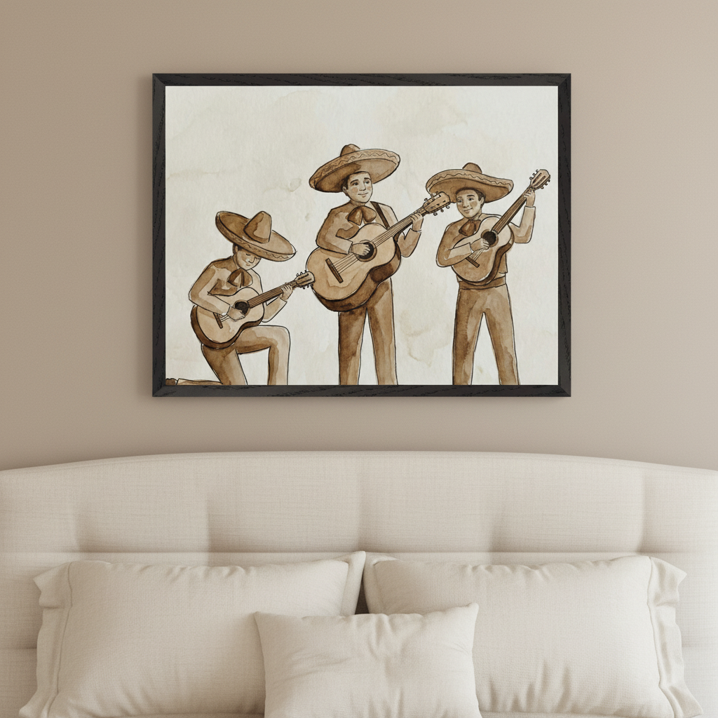 Modern bedroom with a cream upholstered bed and pillows. A framed sepia-toned watercolor print of three mariachi musicians playing guitars hangs centered above the headboard.