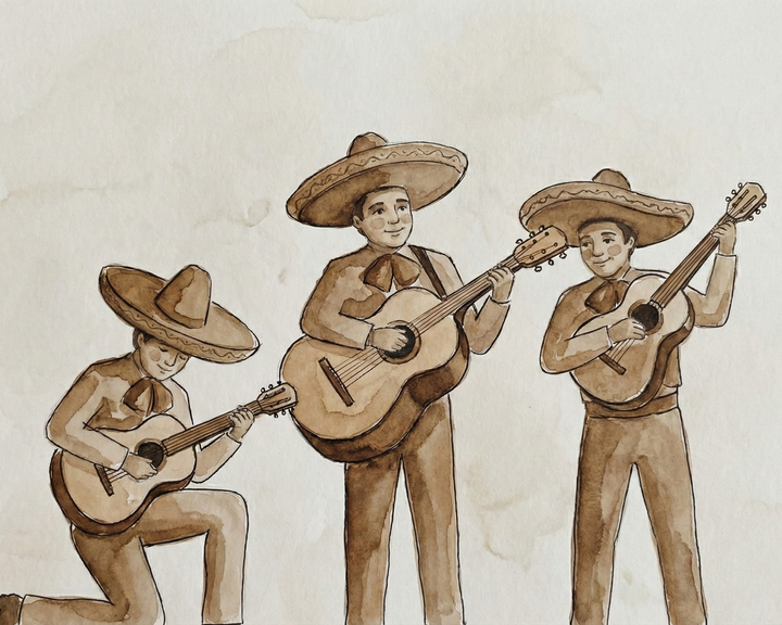 A watercolor illustration of three musicians in traditional mariachi outfits, each playing an acoustic guitar, set against a light, earthy background that captures the joy of Mexican music.
