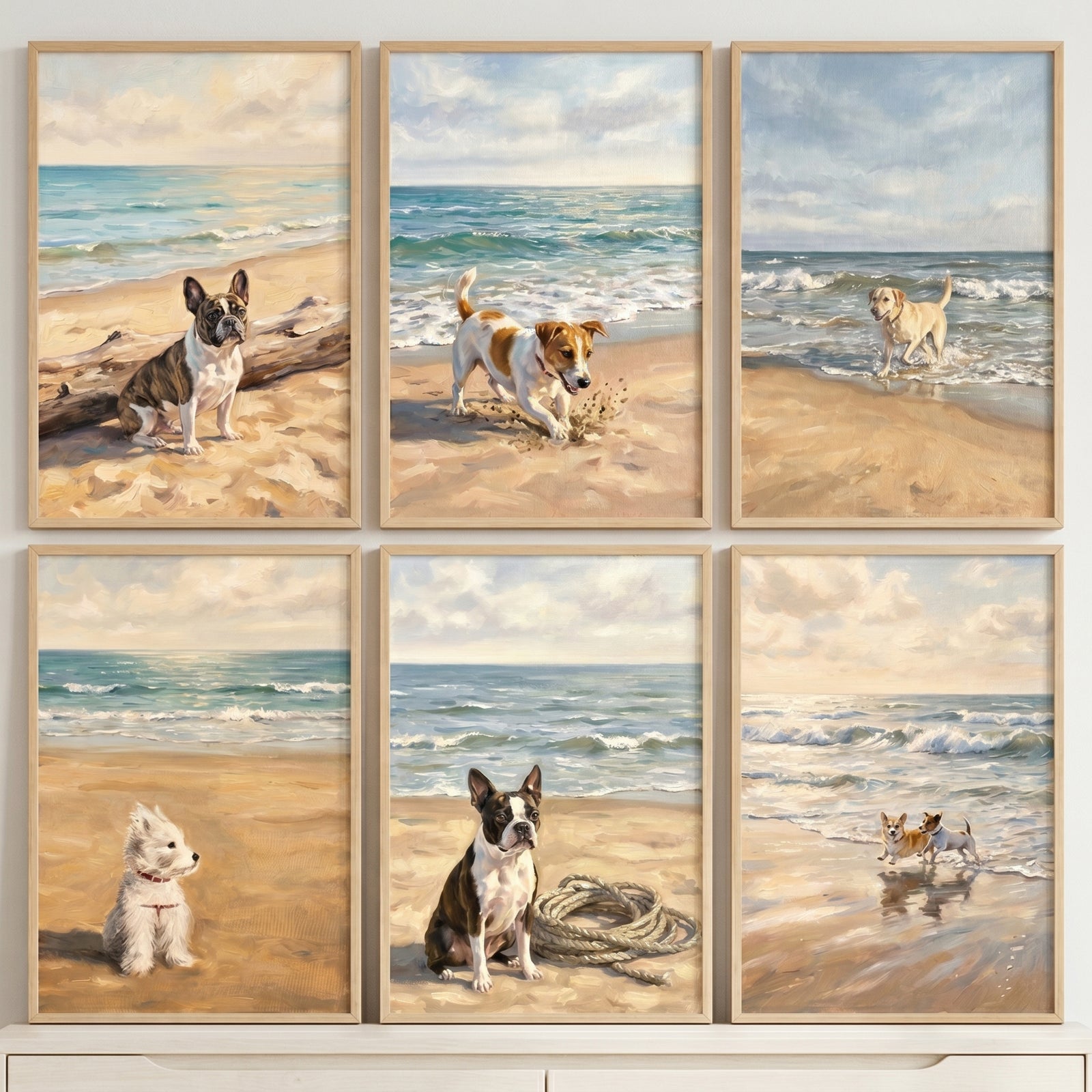 Maritime sandy shoreline dogs wall art set of 6 featuring various breeds on a beach by gentle ocean waves.