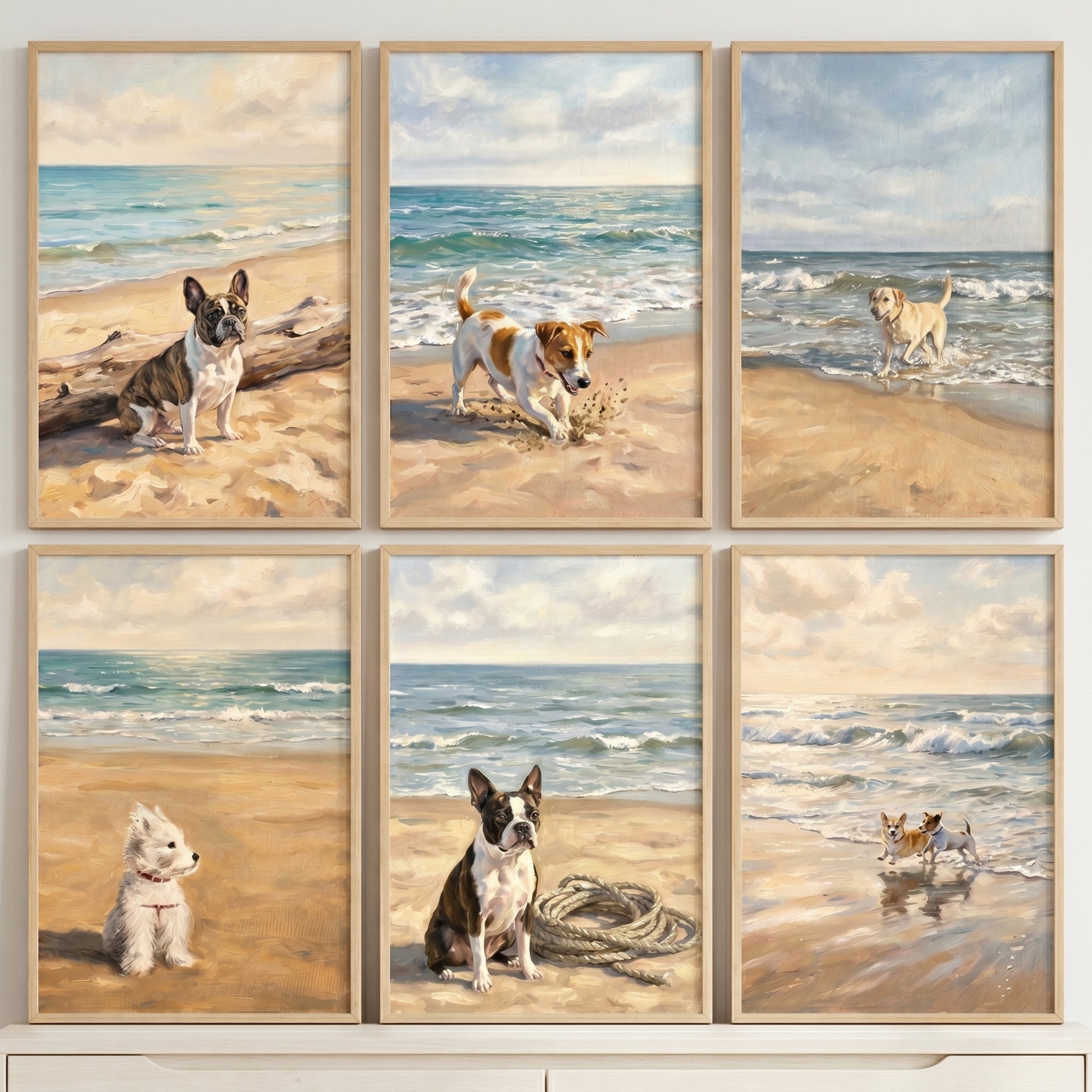 Maritime Sandy Shoreline Dogs Wall Art Set of 6 - Coastal Canine Days
