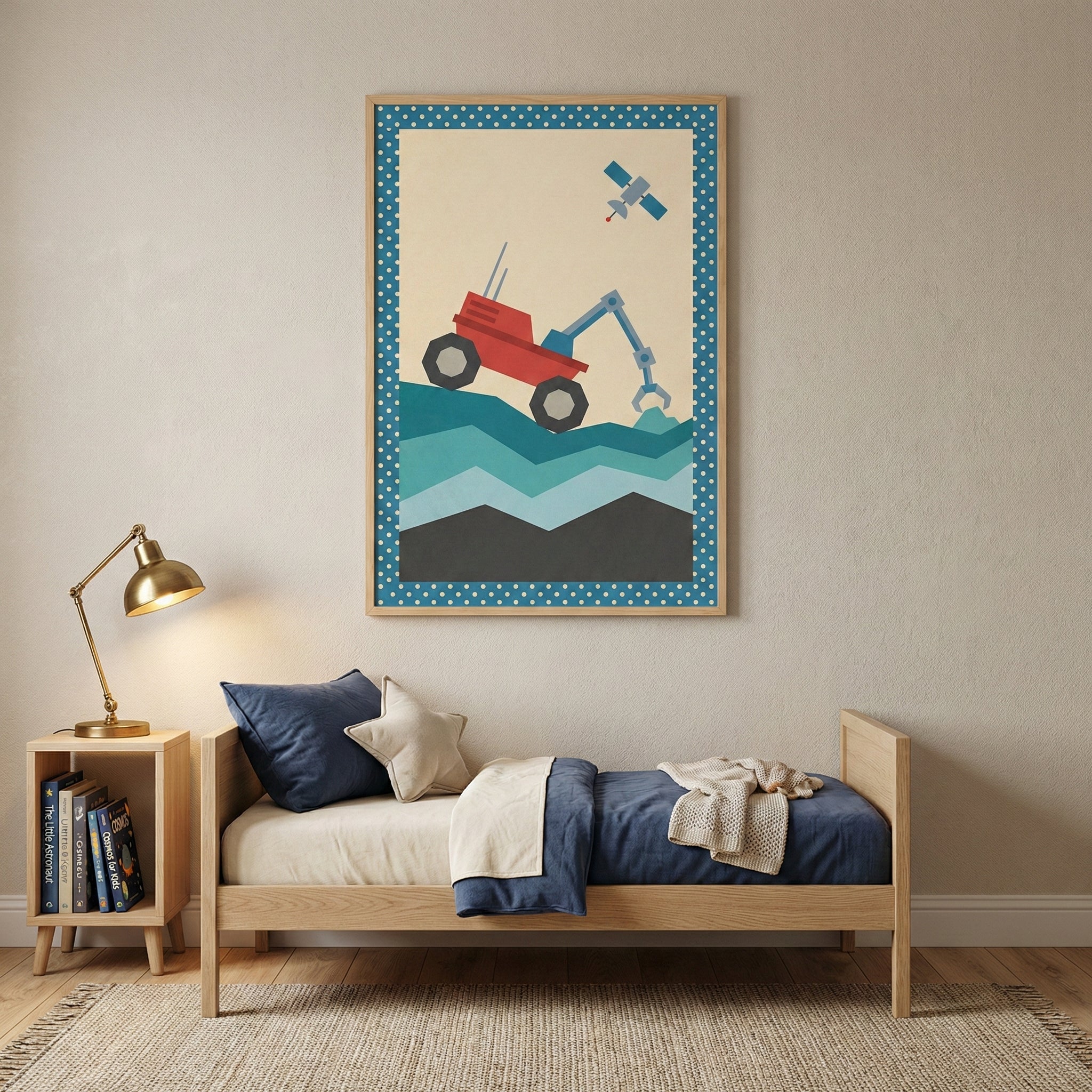 A child's bedroom featuring a light-toned wooden bed with navy blue and cream bedding and a star-shaped pillow. Above the bed hangs a large framed graphic illustration of a red robotic vehicle on a layered, jagged blue landscape, with a blue satellite in the cream sky. The artwork is framed in light wood and features a blue and white polka-dot border. To the left of the bed, a small matching wooden nightstand holds a golden-colored desk lamp and several books. The room has neutral walls and a textured rug o
