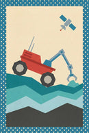  A red and blue planetary rover with a claw-like robotic arm explores layered terrain while a satellite floats above in a clear beige sky.
