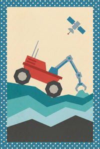  A red and blue planetary rover with a claw-like robotic arm explores layered terrain while a satellite floats above in a clear beige sky.
