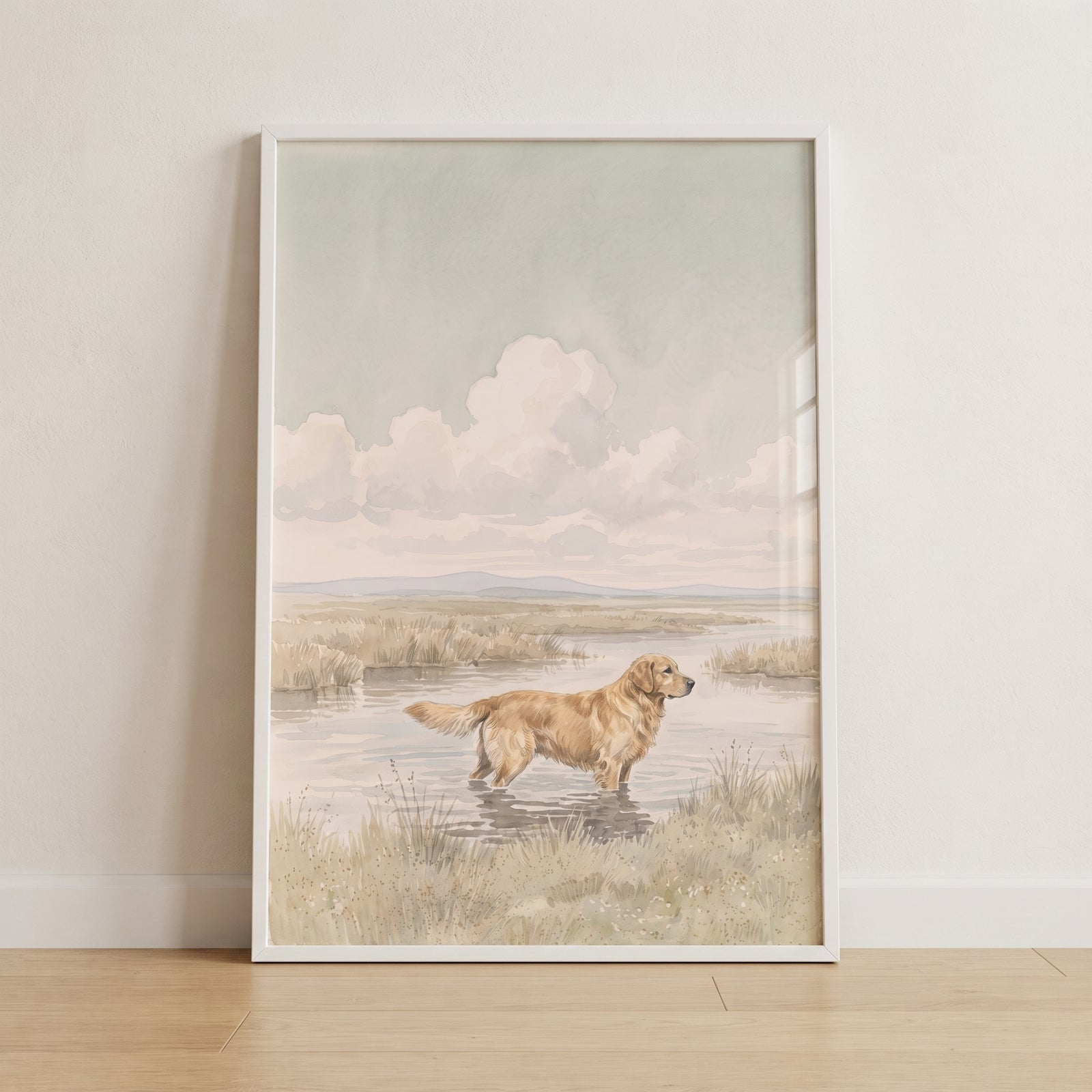 Framed marsh landscape golden retriever dog wall art showing a dog standing in shallow water under a soft, cloudy sky.