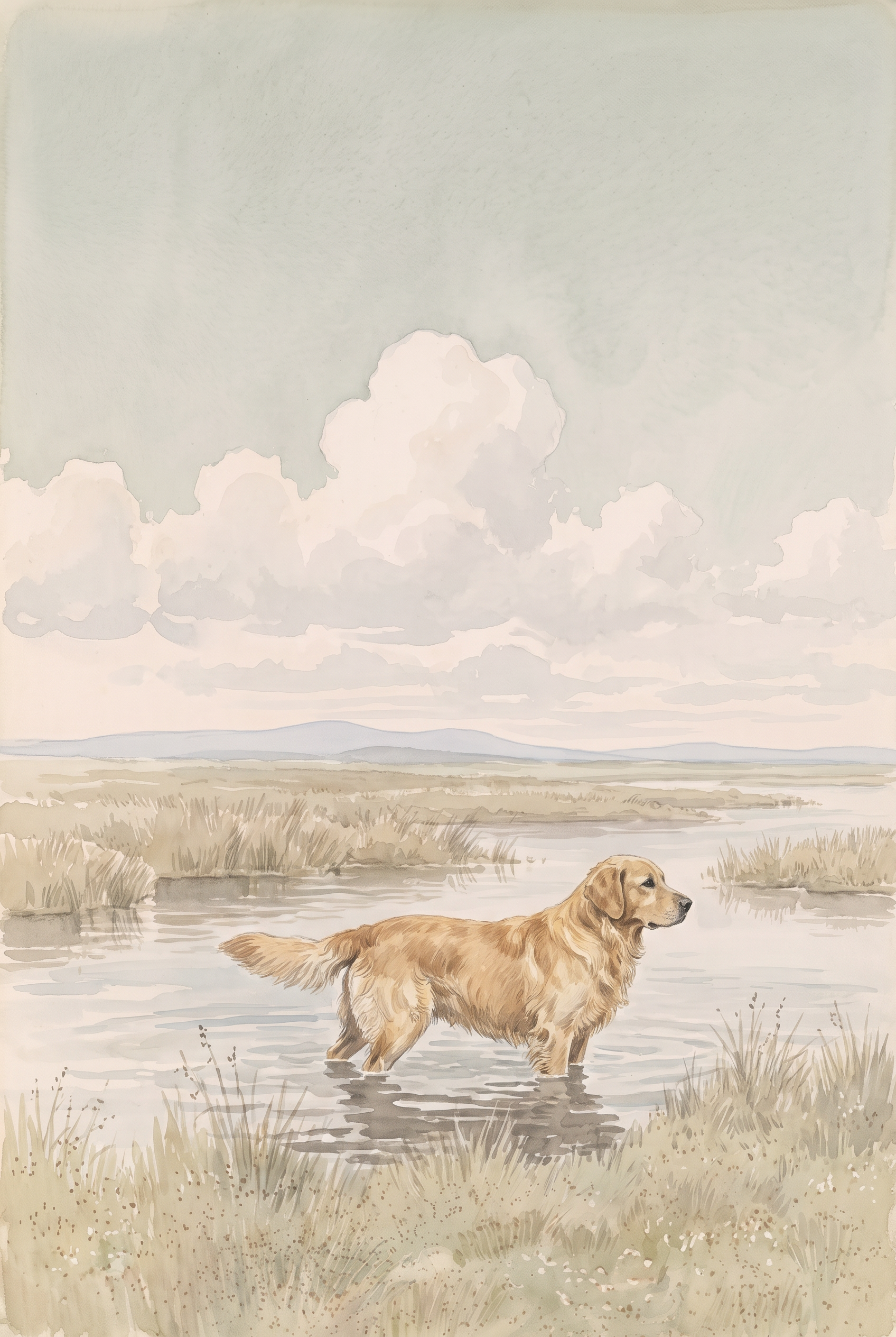 Marsh Landscape Golden Retriever Dog Wall Art - Golden Marsh Reflection