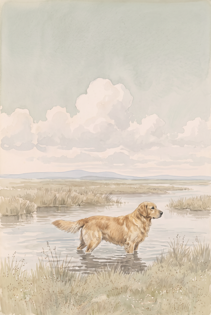 Marsh landscape golden retriever dog wall art with the dog standing in shallow water under a soft, cloudy sky.