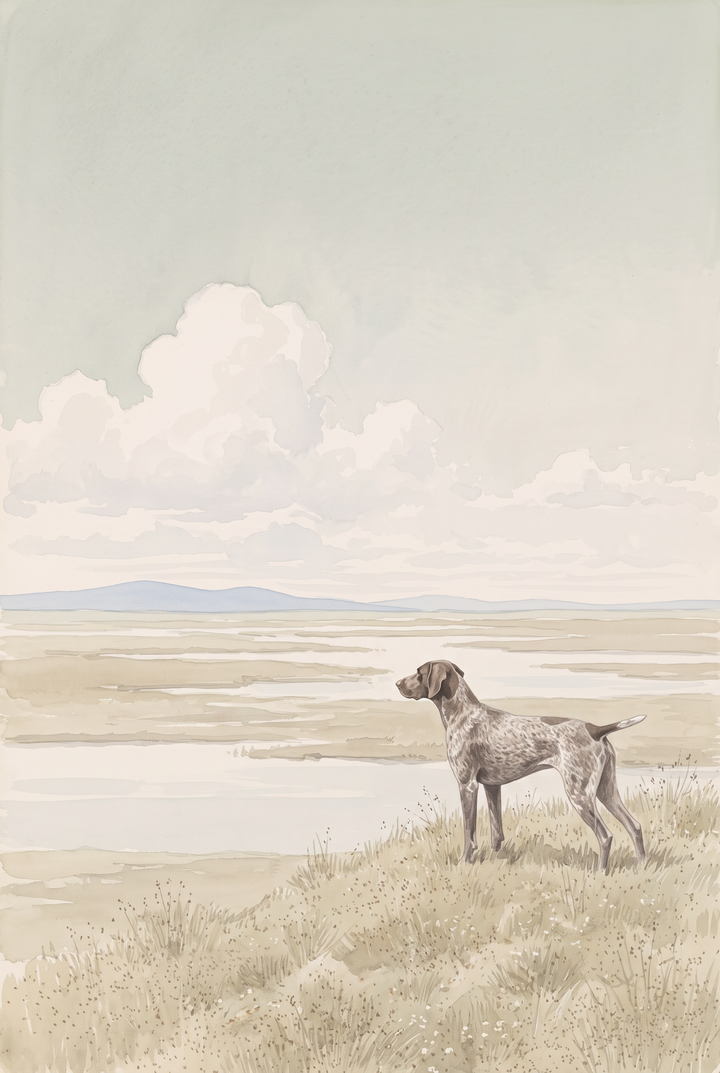 Marsh landscape shorthaired pointer dog wall art depicts a dog on a hill overlooking a serene wetland under a cloudy sky.