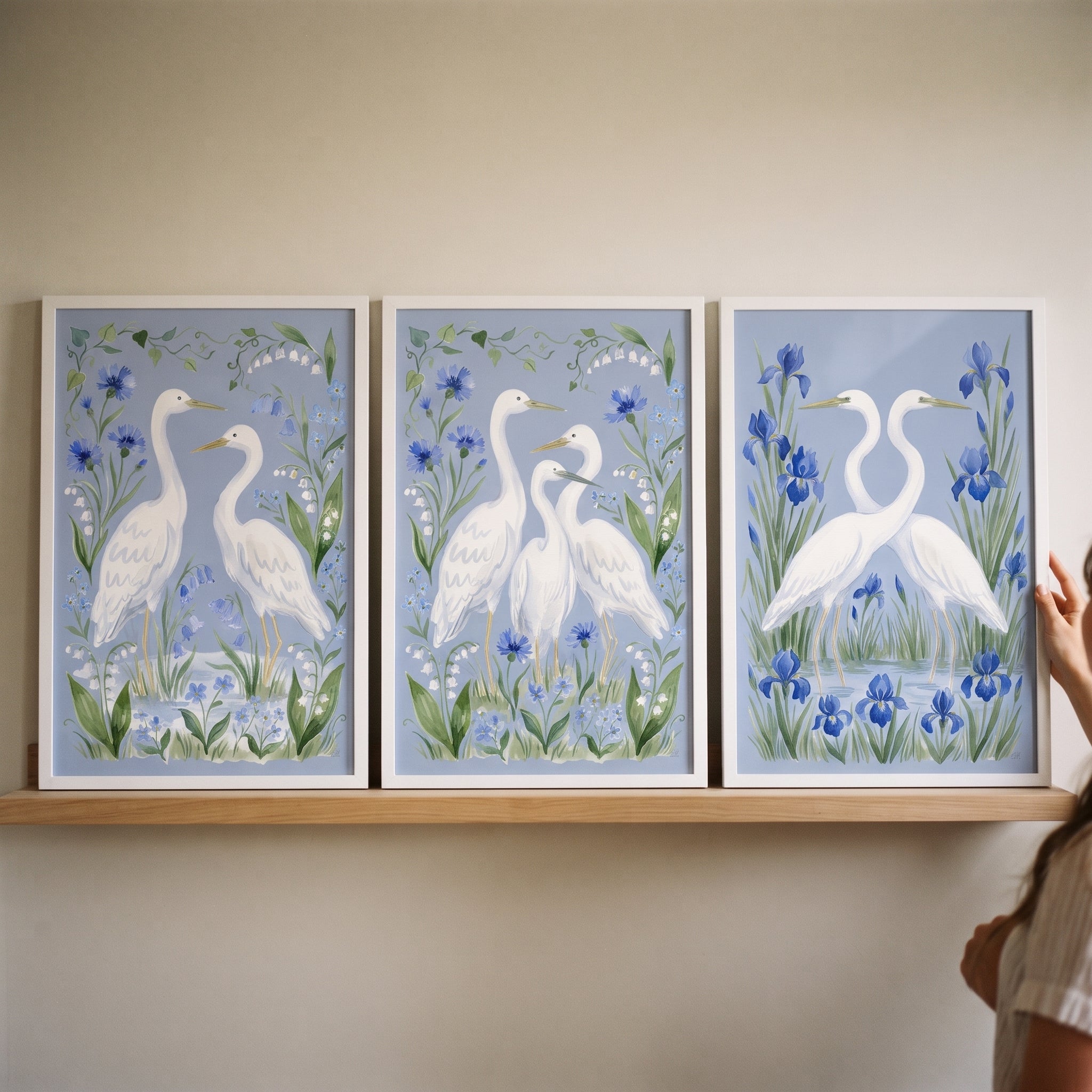 Marshland Wildflower White Bird Egret Wall Art Set of 3 - Elegant Heron Trio
