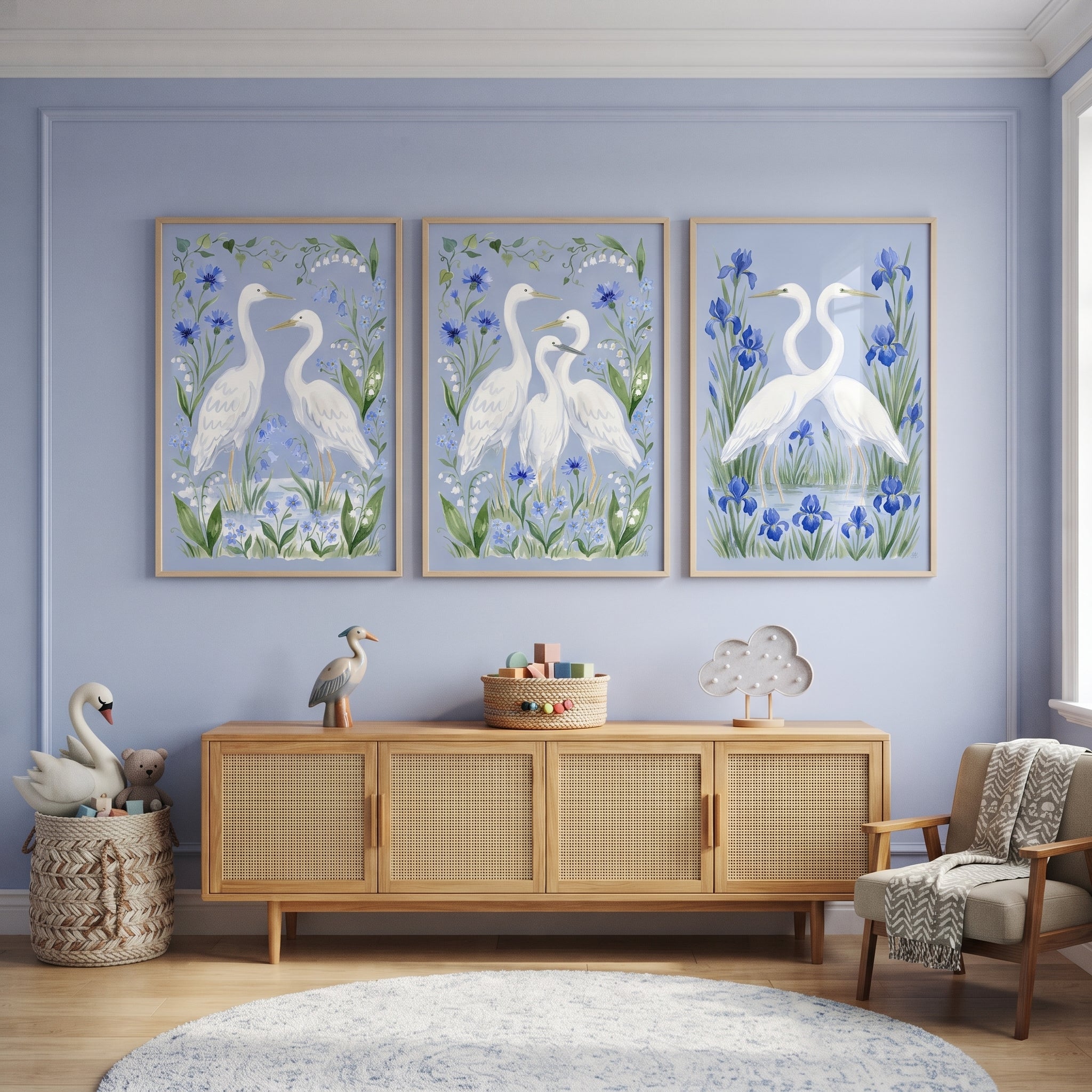 Marshland Wildflower White Bird Egret Wall Art Set of 3 - Elegant Heron Trio