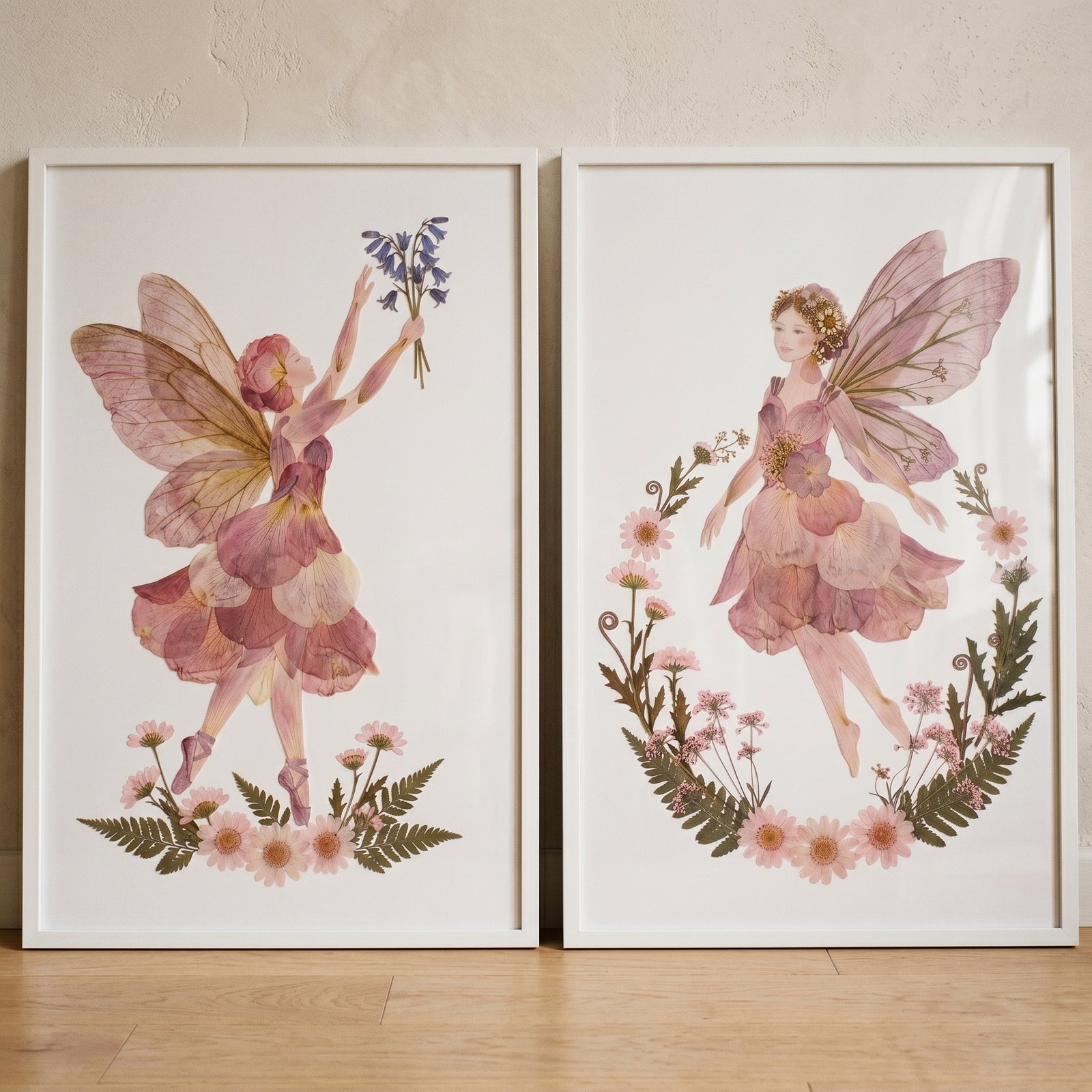 Mauve botanical winged fairy wall art set of 2 features figures made from pink flower petals and green foliage.