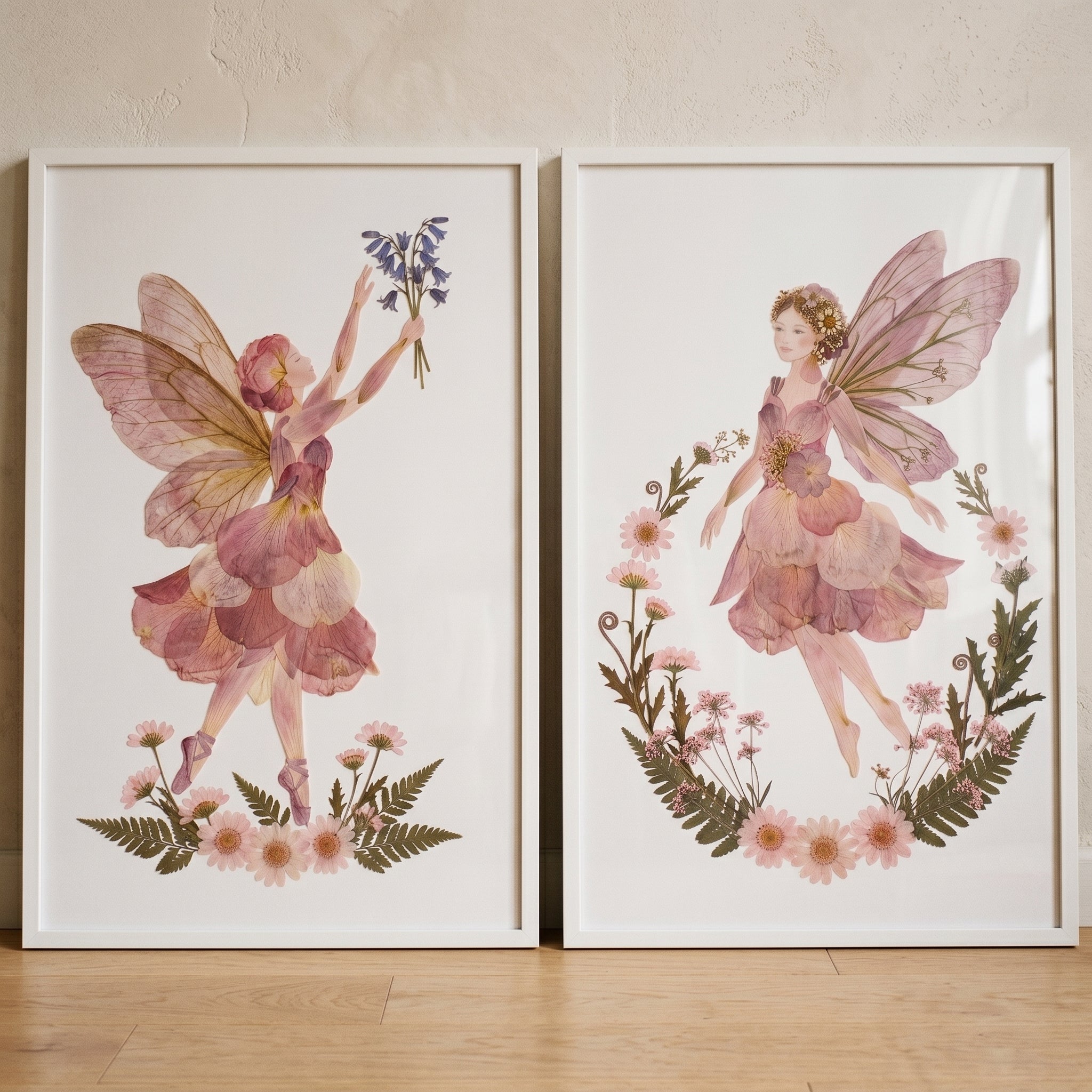 Mauve Botanical Winged Fairy Wall Art Set of 2 - Whimsical Petal Fairies
