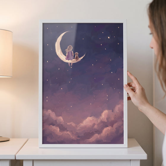 Framed mauve cloud girl dog wall art depicts a child and dog on a crescent moon above soft clouds and a starry sky.