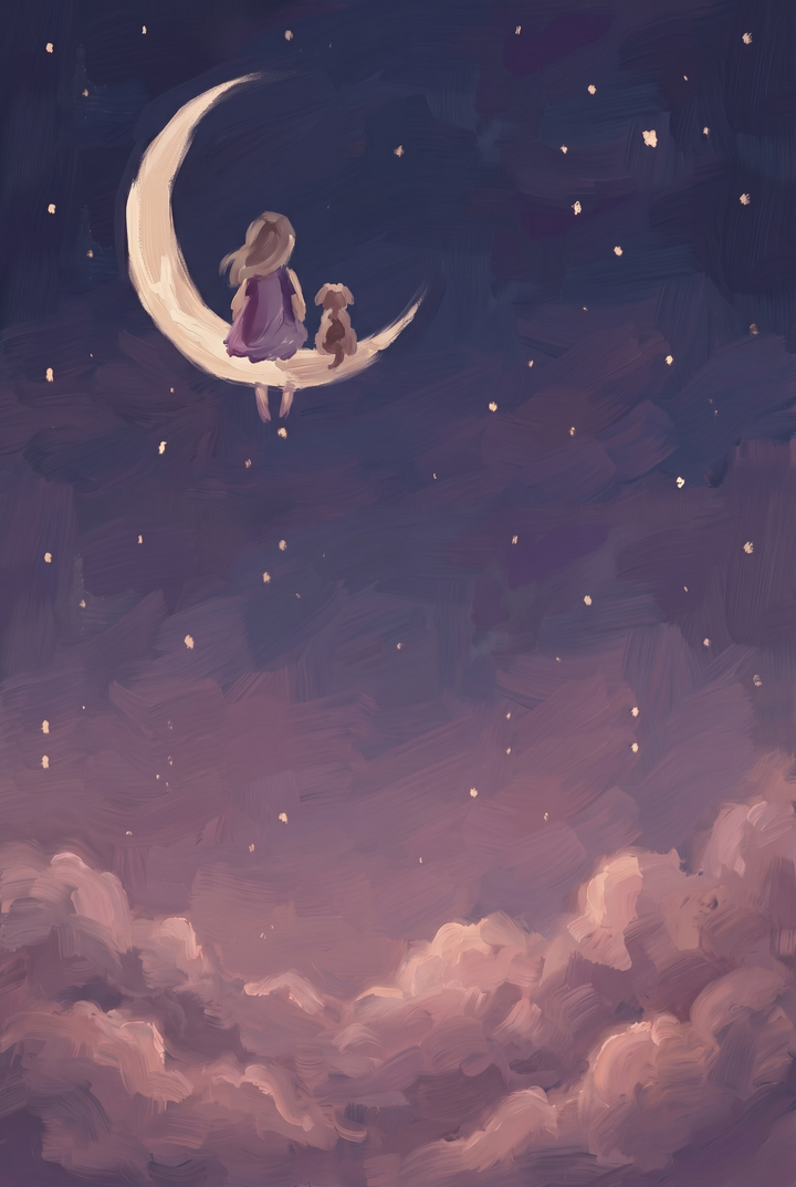 Mauve cloud girl dog wall art with a girl and dog sitting on a crescent moon over a starry purple sky.