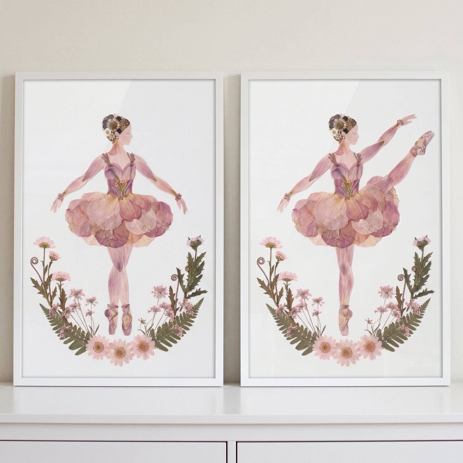 Mauve dried flower ballerina wall art set of 2 featuring two dancers in petal tutus and floral wreaths in white frames.