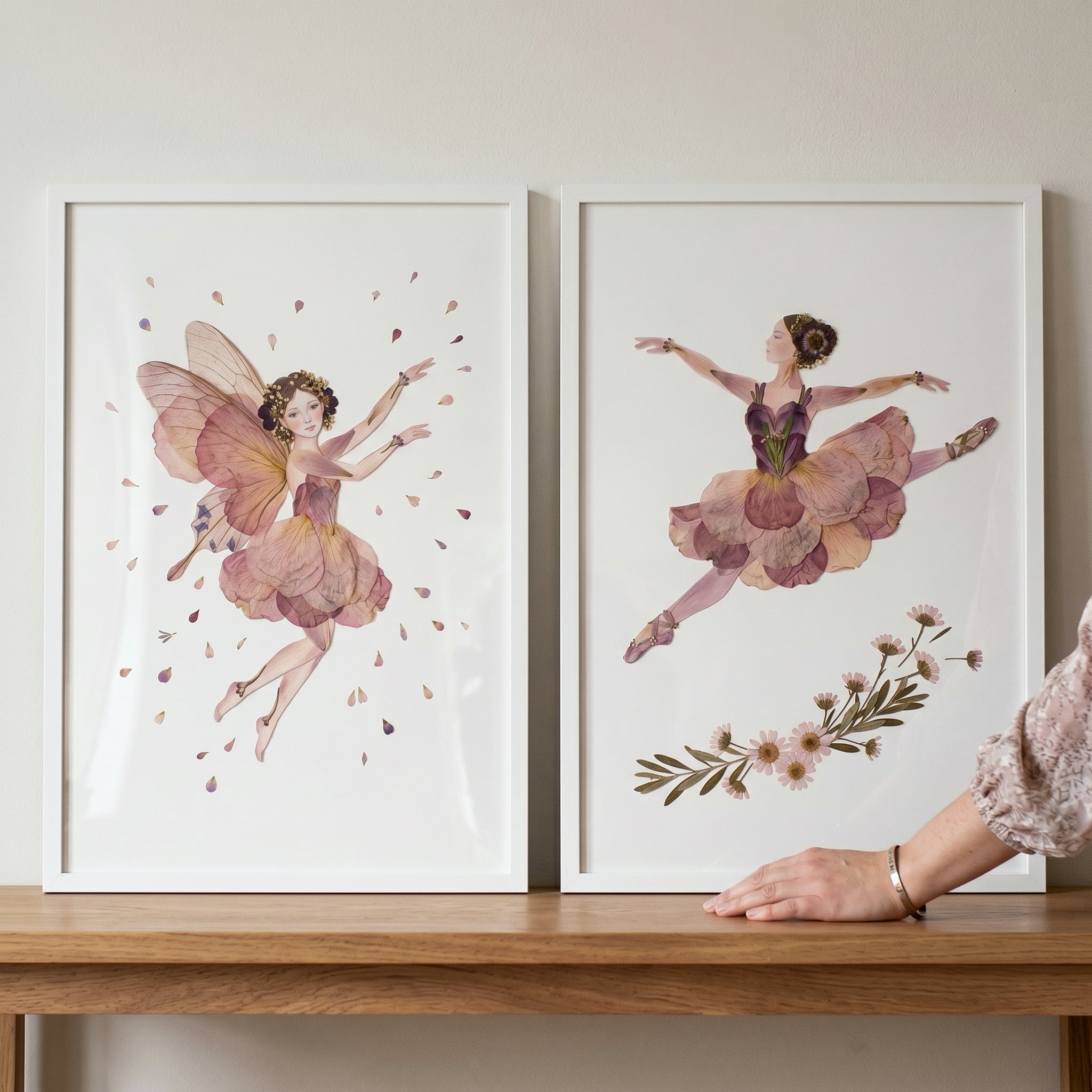 Mauve Dried Petal Girl Wall Art Set of 2 - Blossom Ballet