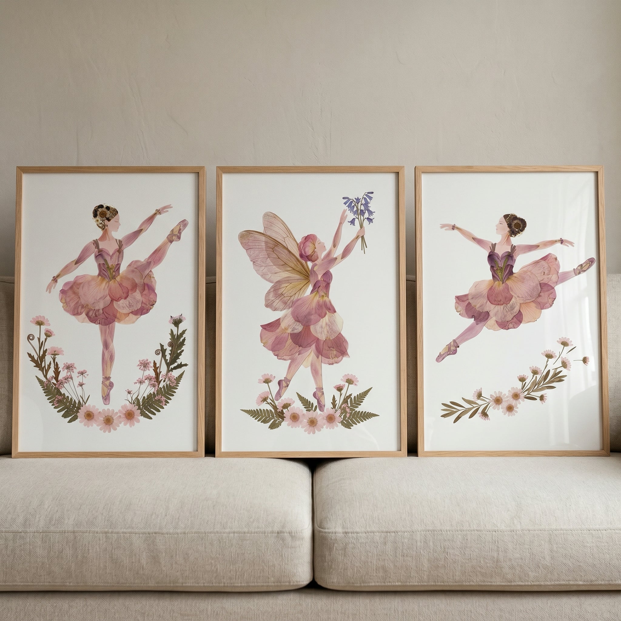 Mauve Pressed Petal Girl Artwork Set of 3 - Blossom Ballet Trio