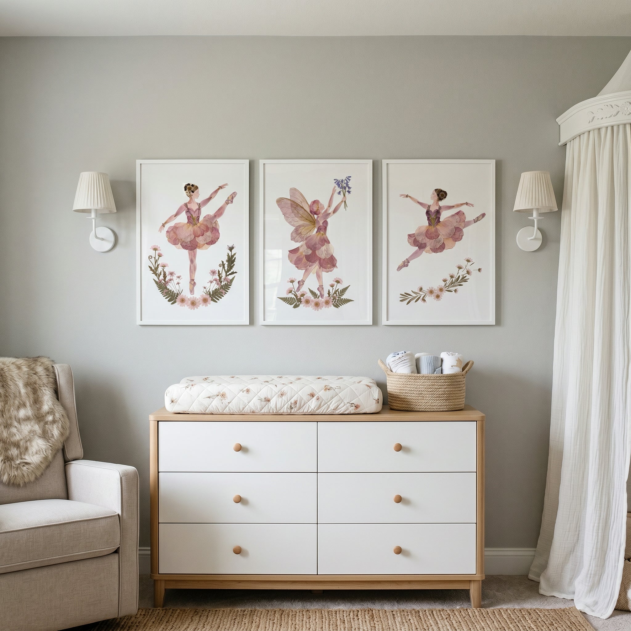 Mauve Pressed Petal Girl Artwork Set of 3 - Blossom Ballet Trio