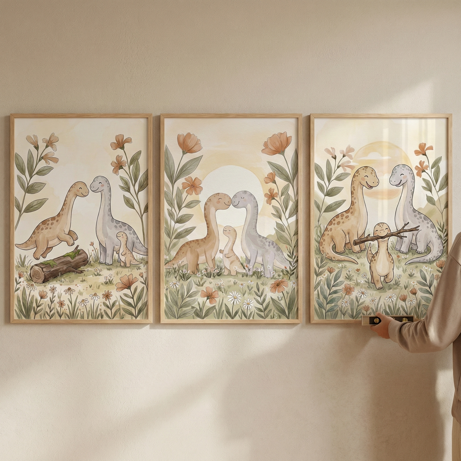 Three vertical wood-framed illustrations of a dinosaur family are displayed on a neutral-toned wall. In each scene, two large, long-necked dinosaurs—one tan with spots and one light blue—interact with a smaller baby dinosaur. The artwork features soft watercolor textures and a palette of muted greens, earth tones, and pale blues. The scenes are adorned with delicate floral and leafy details. On the far right, a hand is shown adjusting the frame, adding a sense of scale to the setting.