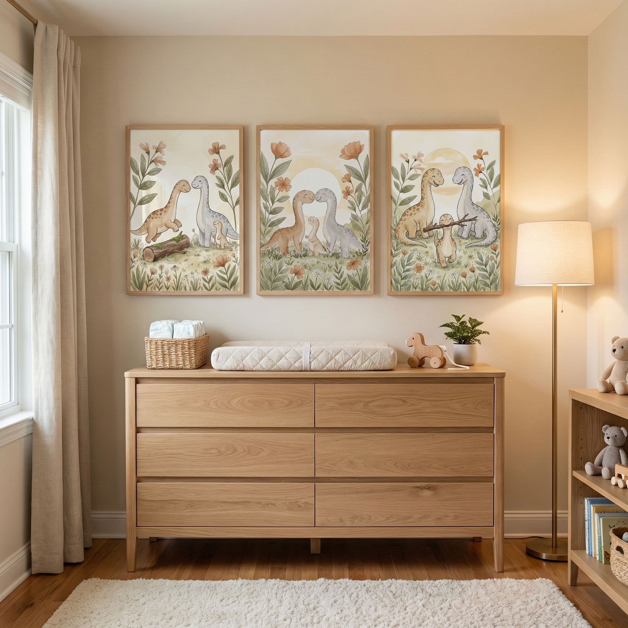 Meadow Blooming Dinosaur Nursery Wall Decor Set of 3 - Gentle Prehistoric Pals