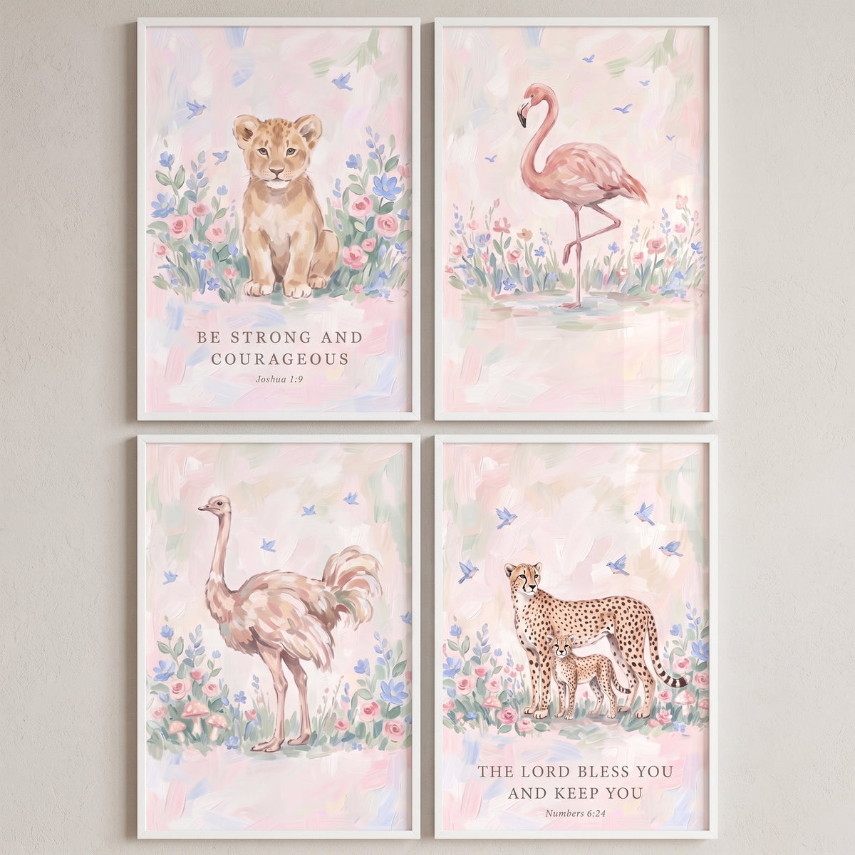Meadow bluebird savanna animals wall art set of 4 with a lion cub, flamingo, ostrich, and cheetah with scripture verses.