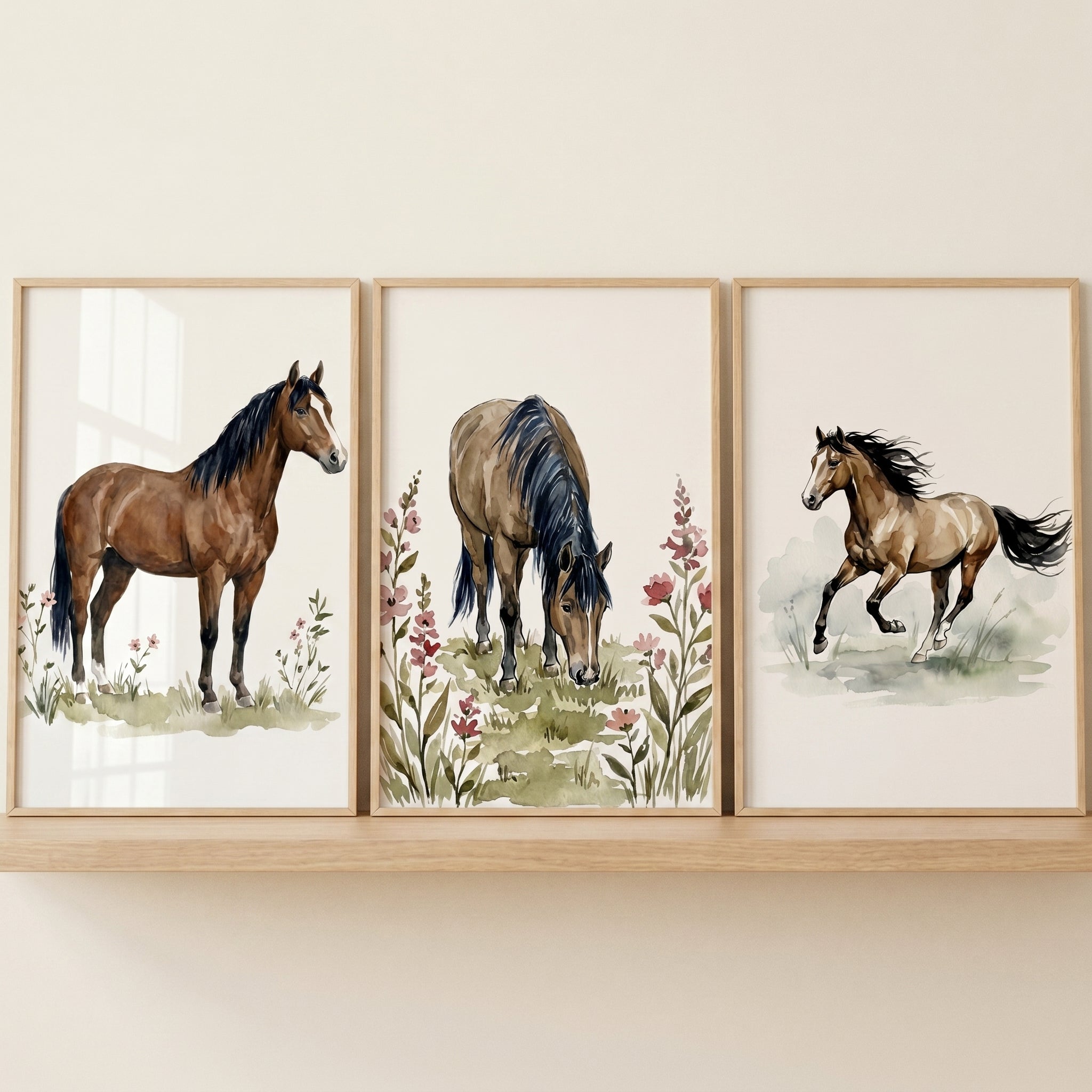 Meadow Brown Horse Wall Art Set of 3 - Wild Equine Trio