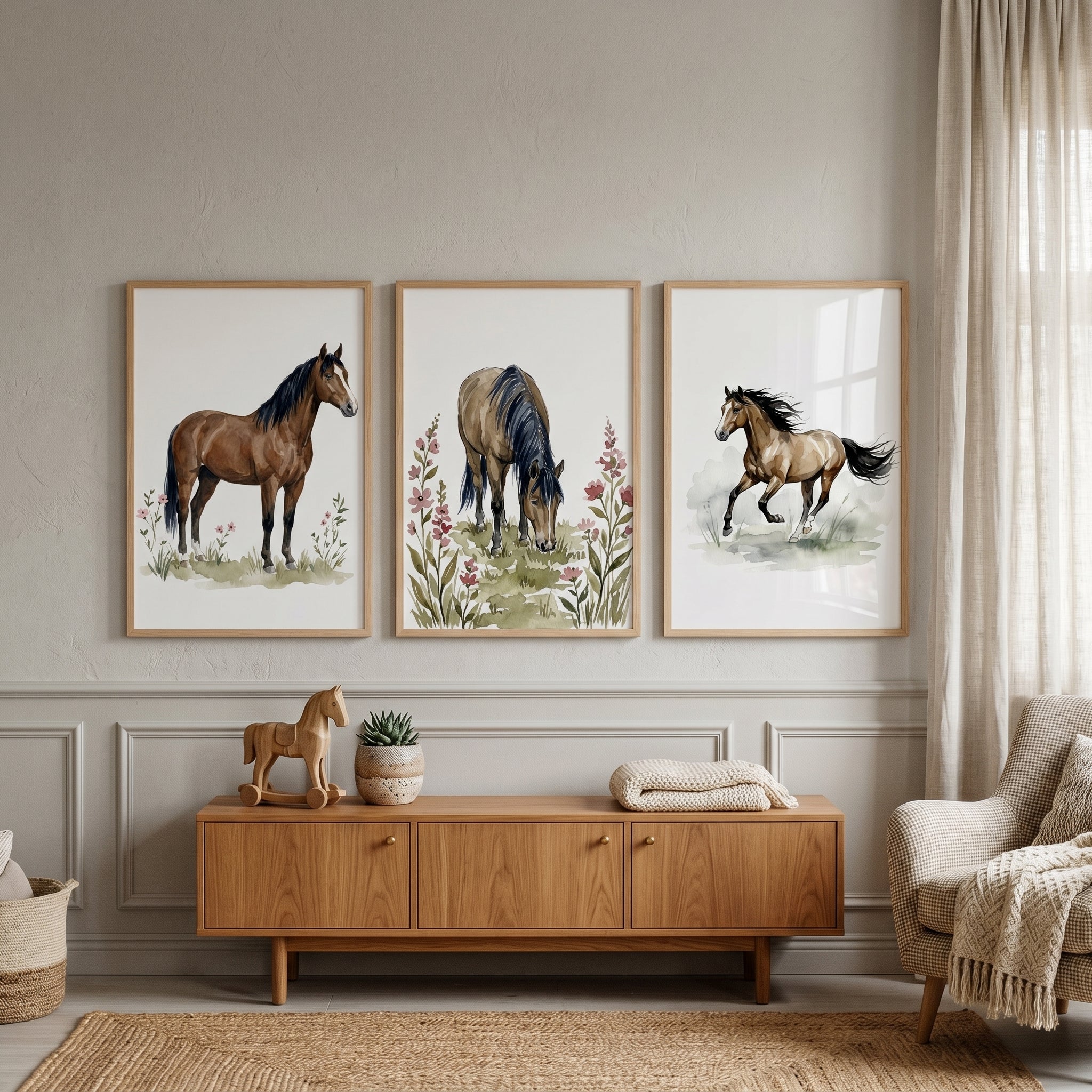 Meadow Brown Horse Wall Art Set of 3 - Wild Equine Trio