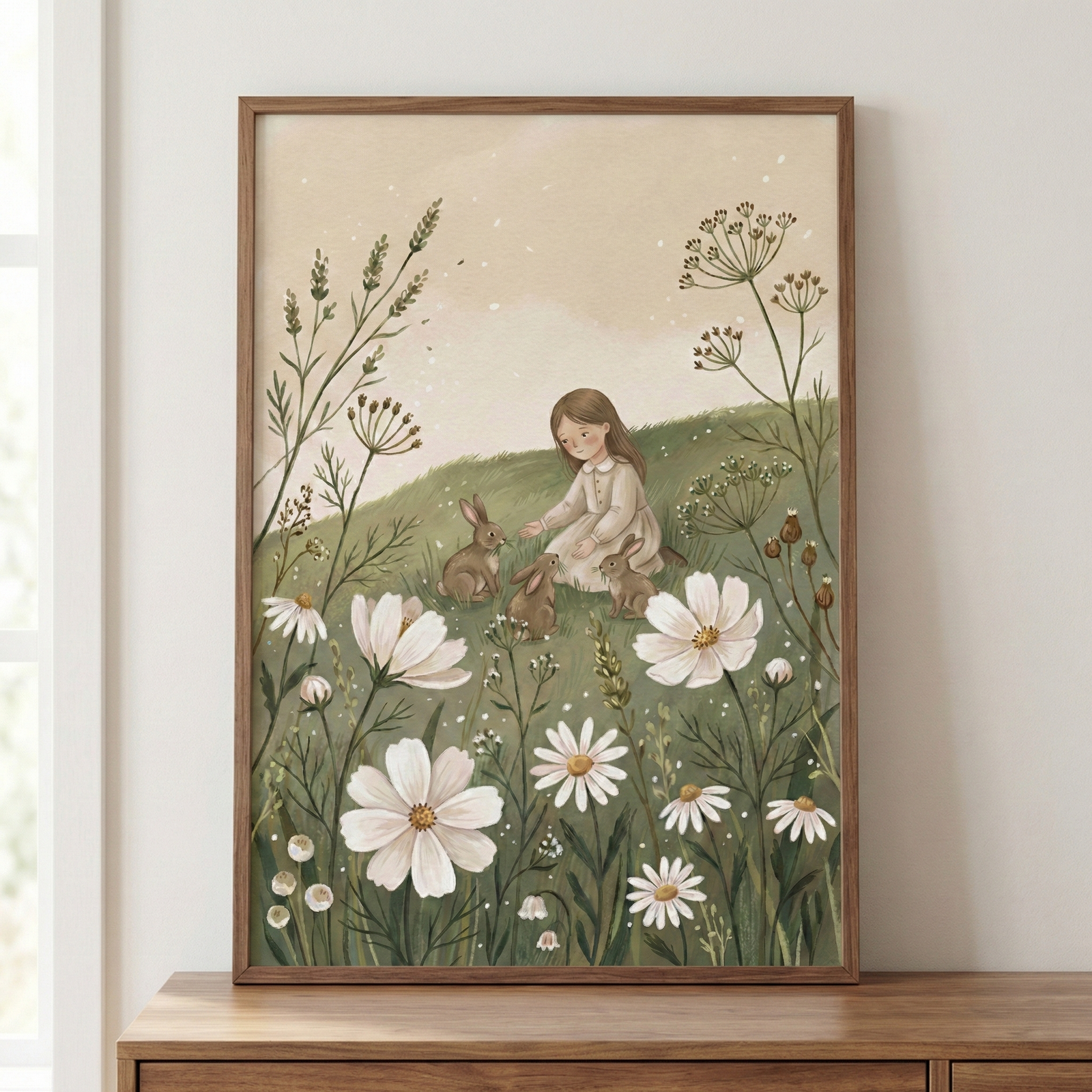 A vertical illustration in a wooden frame depicts a young girl with long brown hair sitting on a grassy hill. She wears a simple light-colored dress and is surrounded by three small brown rabbits. Large white flowers and tall, slender green plants dominate the foreground. The background is a soft, muted beige with delicate white specks floating in the air. The framed artwork sits on a wooden surface against a neutral-colored wall.