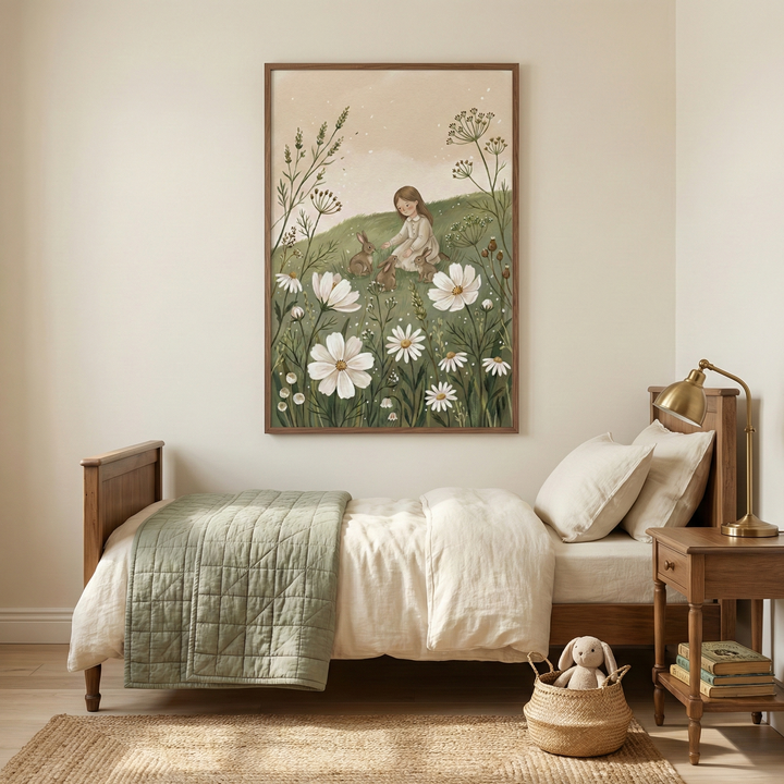 A cozy bedroom features a wooden bed with cream-colored bedding and a green quilt. A large framed artwork above the bed depicts a girl with a rabbit in a field of flowers. A wooden nightstand holds a brass lamp, and a woven basket with a stuffed animal sits on the floor.