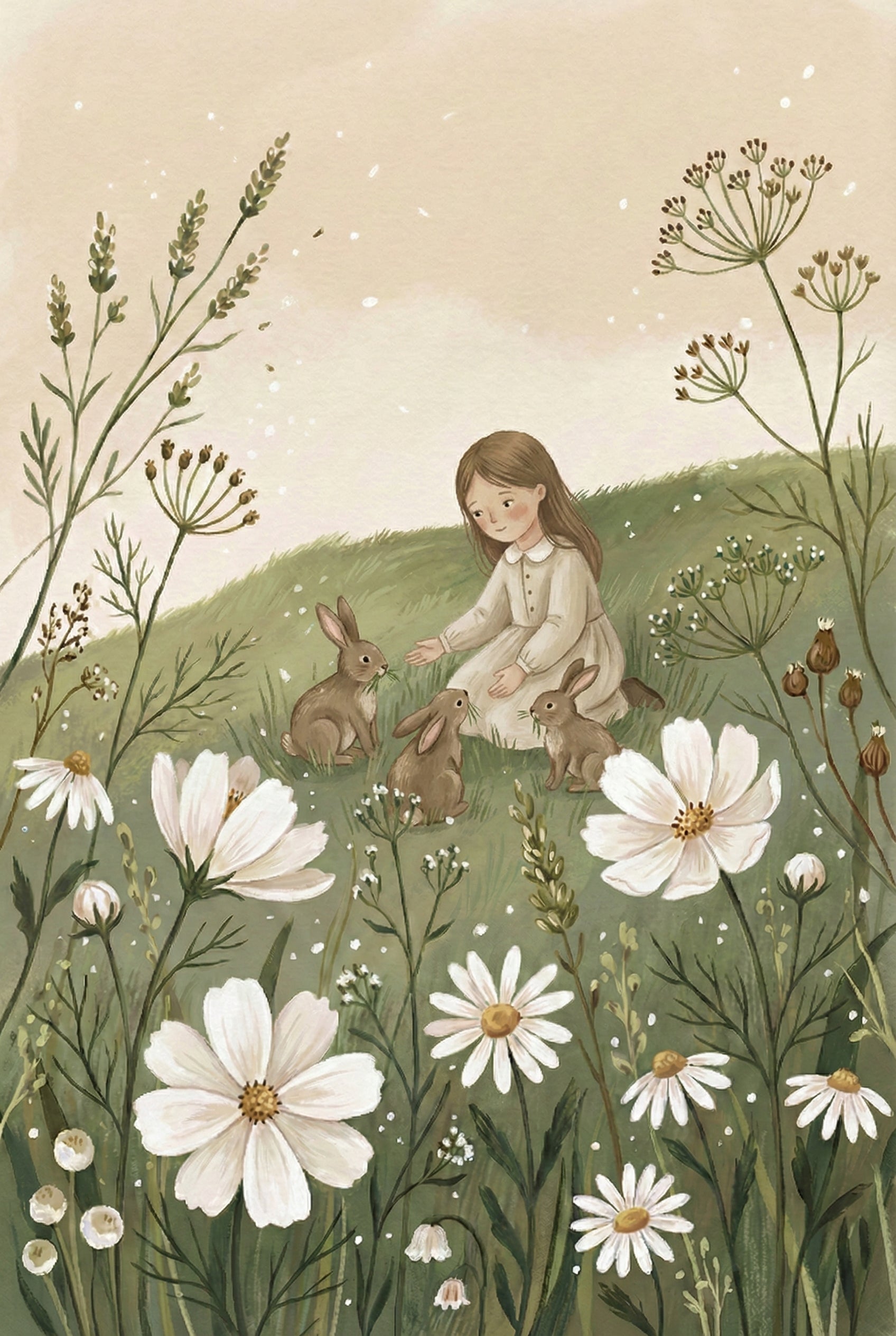A whimsical illustration of a young girl with long brown hair, dressed in a simple cream gown, sitting peacefully on a grassy hill. Surrounding her are three small brown rabbits. The foreground is filled with large, delicate white flowers and various tall, slender stalks of wild greenery. The background is a soft, muted beige with delicate white speckles. The overall atmosphere is gentle and serene, capturing a quiet moment in nature.