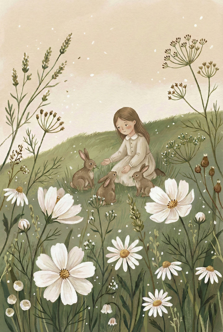 A whimsical illustration of a young girl with long brown hair, dressed in a simple cream gown, sitting peacefully on a grassy hill. Surrounding her are three small brown rabbits. The foreground is filled with large, delicate white flowers and various tall, slender stalks of wild greenery. The background is a soft, muted beige with delicate white speckles. The overall atmosphere is gentle and serene, capturing a quiet moment in nature.
