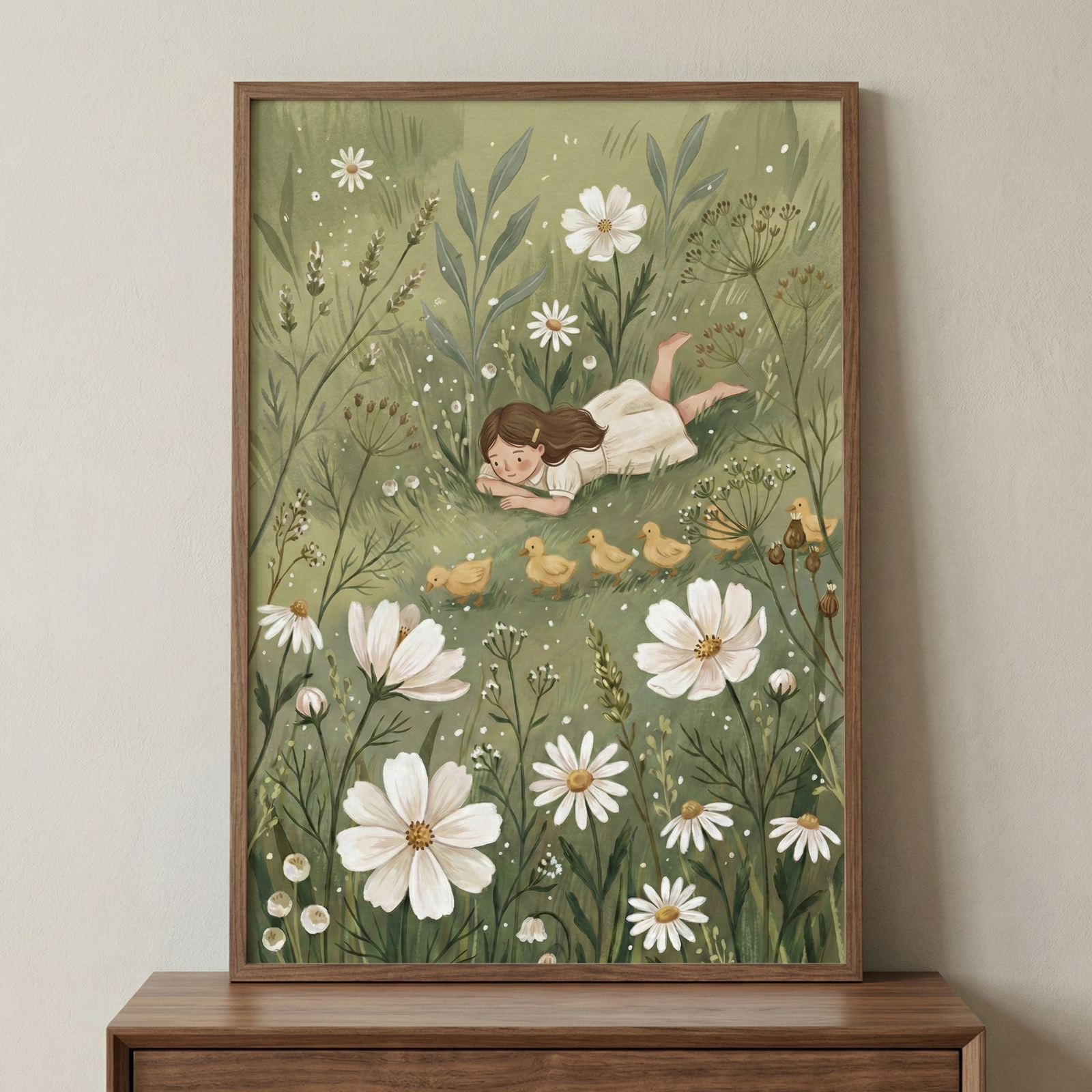 A vertical framed illustration depicts a young girl with long brown hair and a white dress lying on her stomach in a lush green meadow. She gazes at a line of small yellow ducklings parading past her. The field is filled with large white wildflowers resembling cosmos and daisies, along with tall, delicate grasses. The artwork features a soft, whimsical style with a palette of muted greens, cream, and earth tones, creating a peaceful and innocent scene.