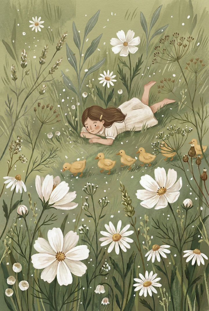 A whimsical illustration shows a young girl with brown hair lying in a lush green meadow, watching a row of small yellow ducklings walk by. She wears a white dress and rests on her elbows with a gentle expression. The surrounding field is filled with large white flowers, delicate daisies, and tall slender grasses. The artwork features soft, natural tones and a folk-art style, creating a peaceful and serene outdoor scene.