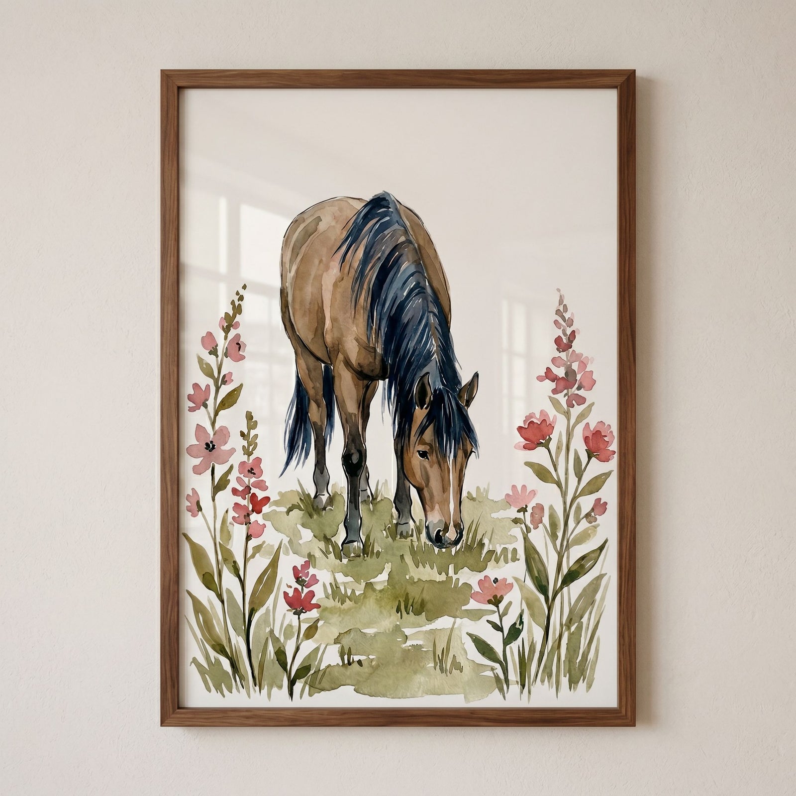Meadow grazing horse wall art featuring a brown horse with a dark mane eating grass among tall pink flowers.