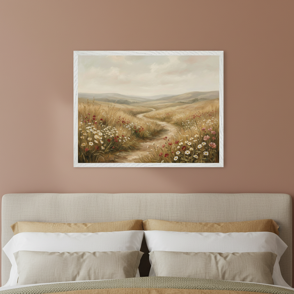Bedroom with a beige upholstered bed. A framed painting of a winding dirt path through a field of wildflowers and tall grass, with hills under a cloudy sky, hangs centered above the bed.