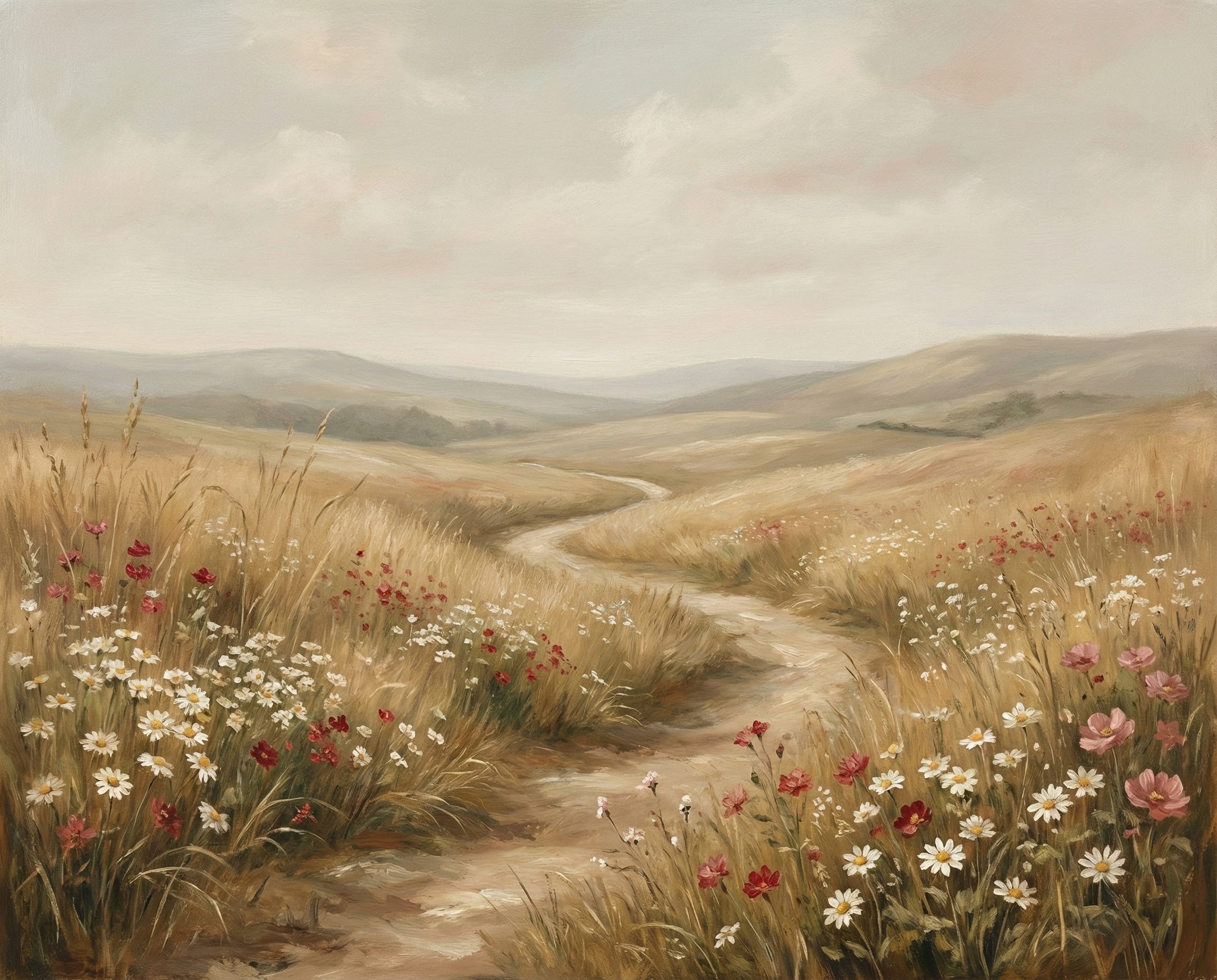 A beautiful painting of a golden field dotted with red and white wildflowers, gently leading to a winding path. The soft, muted colors create a tranquil, idyllic scene, making this artwork a perfect addition to spaces that need a touch of serenity and natural beauty.
