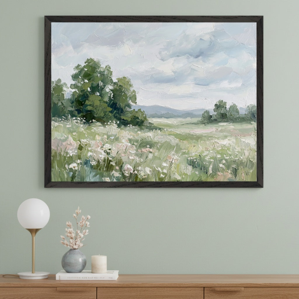 Modern living room with a wooden dresser. A dark-framed, impressionistic landscape painting hangs centered above the dresser. It depicts a field of white flowers and green grass, with trees and distant mountains under a cloudy sky.